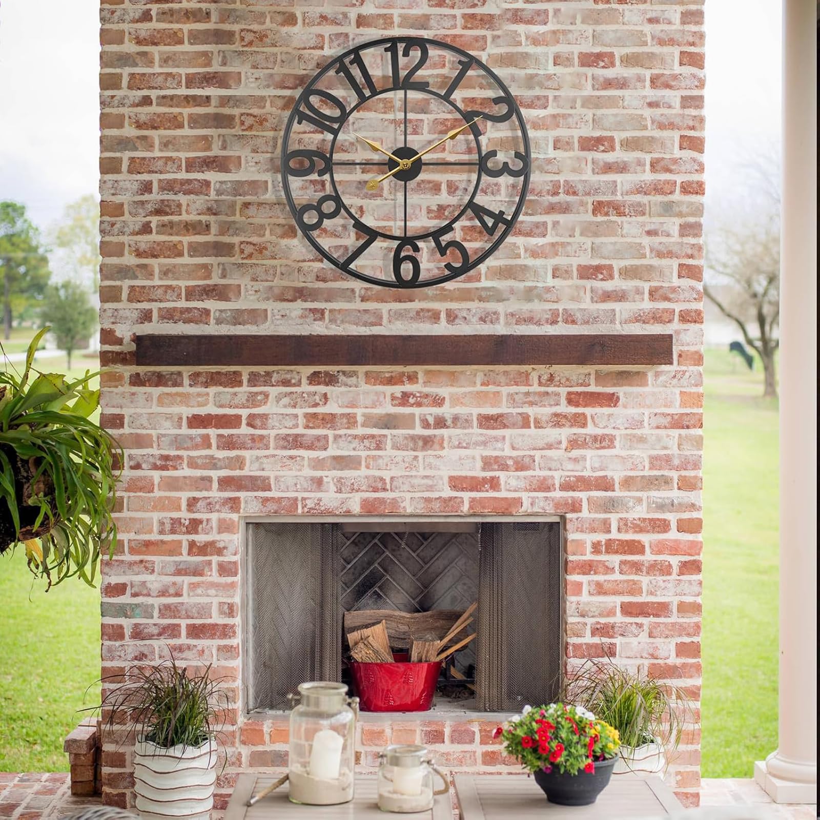 d'or,Horloge Murale extérieure de 24 Pouces à Piles, Grande Horloge extérieure, Horloge décorative Moderne en métal Noir pour Patio, Piscine, Cuisine, Jardin, terrasse, Ferme, Salon