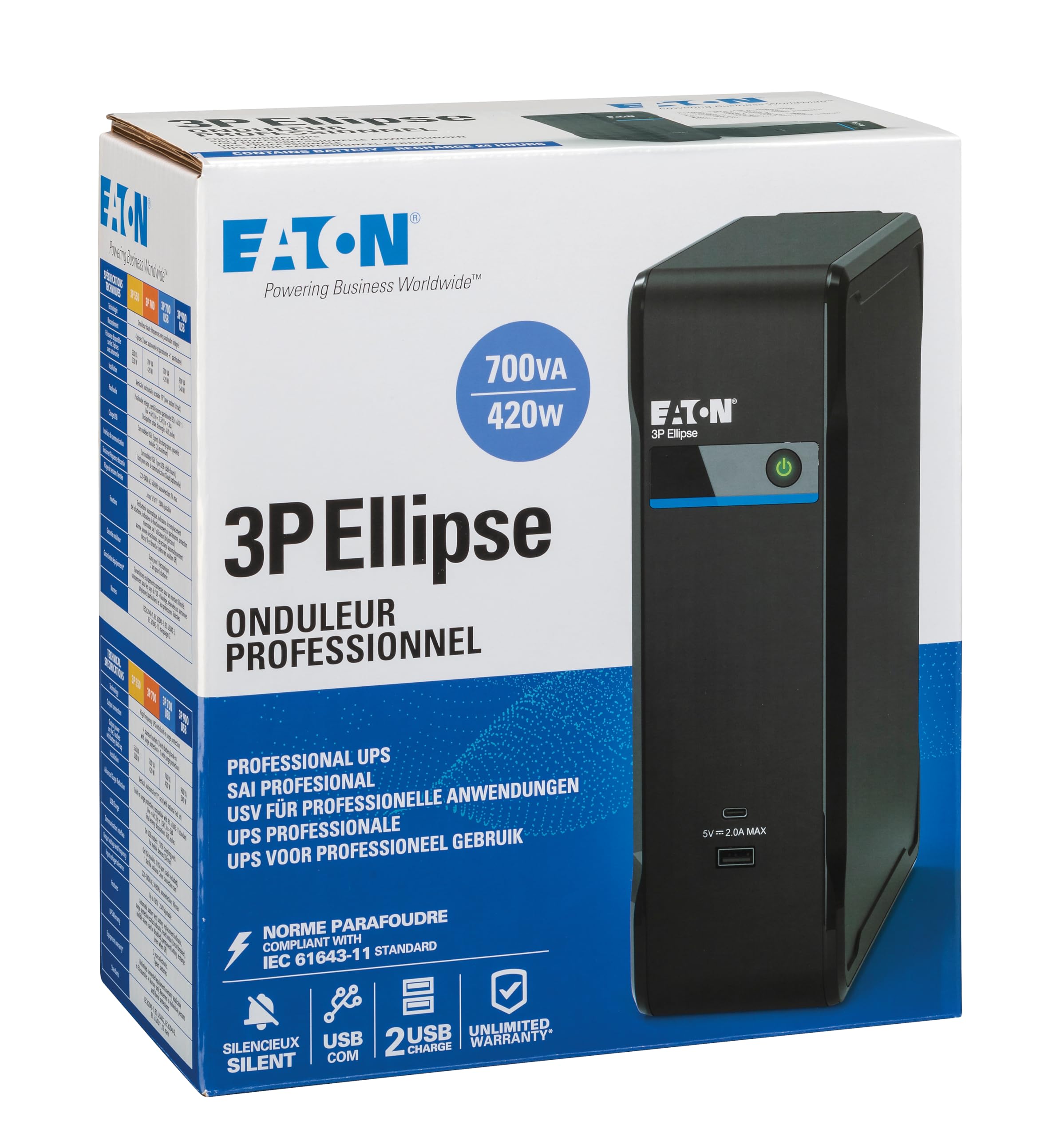 Ups - Eaton - 3p Ellipse 3p700uf - Per Pc Professionale O Terminale Pos - Protezione Da Sovratensioni - 700va - 420w
