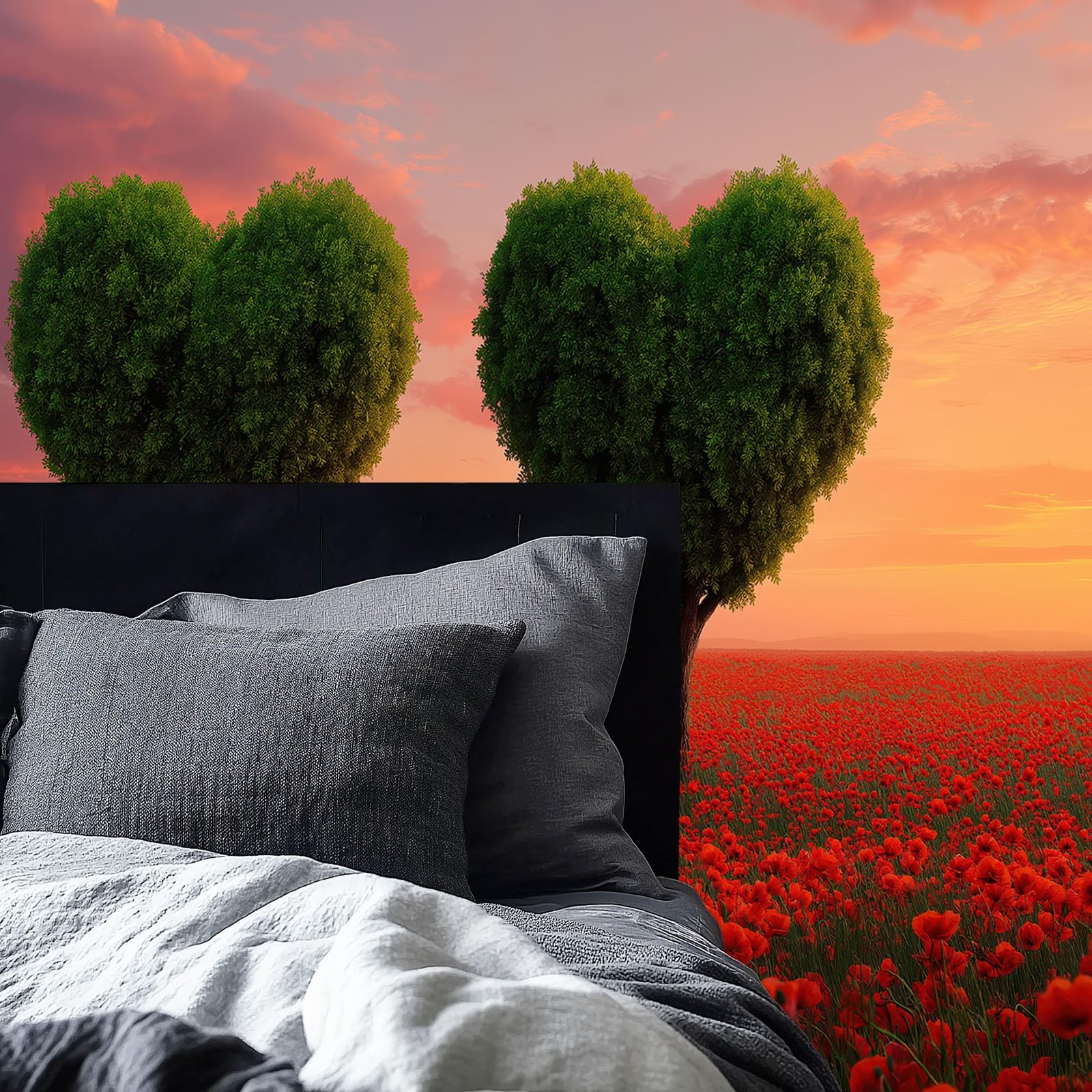 Vlies-fototapete Blumenwiese Herzförmiger Baum, 300x210 cm 3D Wandbild