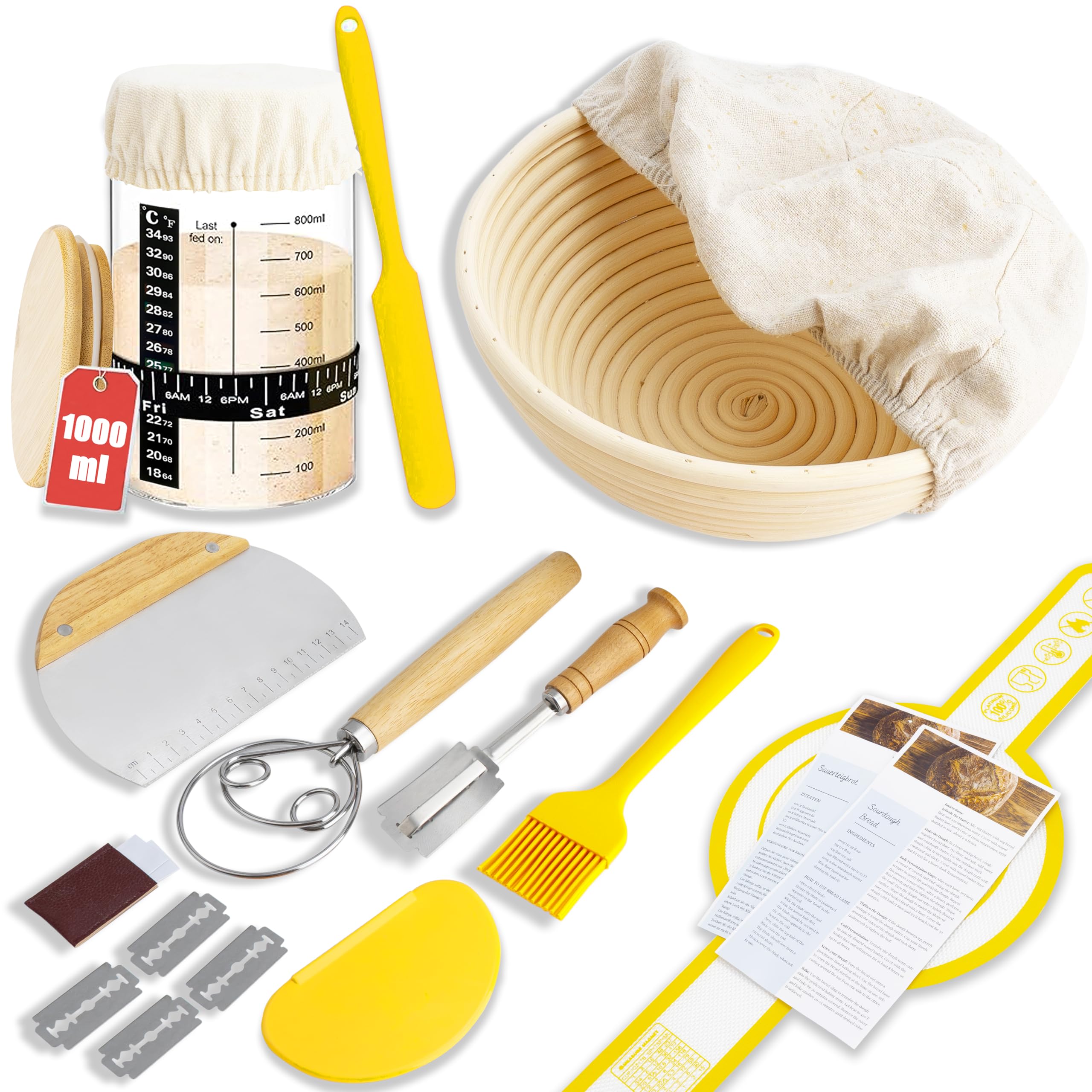 Suministros para hornear pan de masa madre, tarro de inicio de masa madre, cesta de prueba de pan Banneton ecológica hecha a mano, kit de inicio de masa madre, herramientas de suministros para hacer