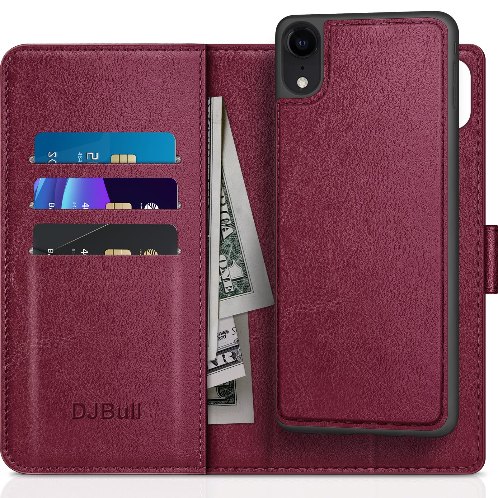 DJBull 2-in-1 Detachable for iPhone XR Wallet case with Credit Card Holder?RFID Blocking?,Flip Folio Book PU Leather Protective Cover Women Men for Apple XR Phone case Wine Red