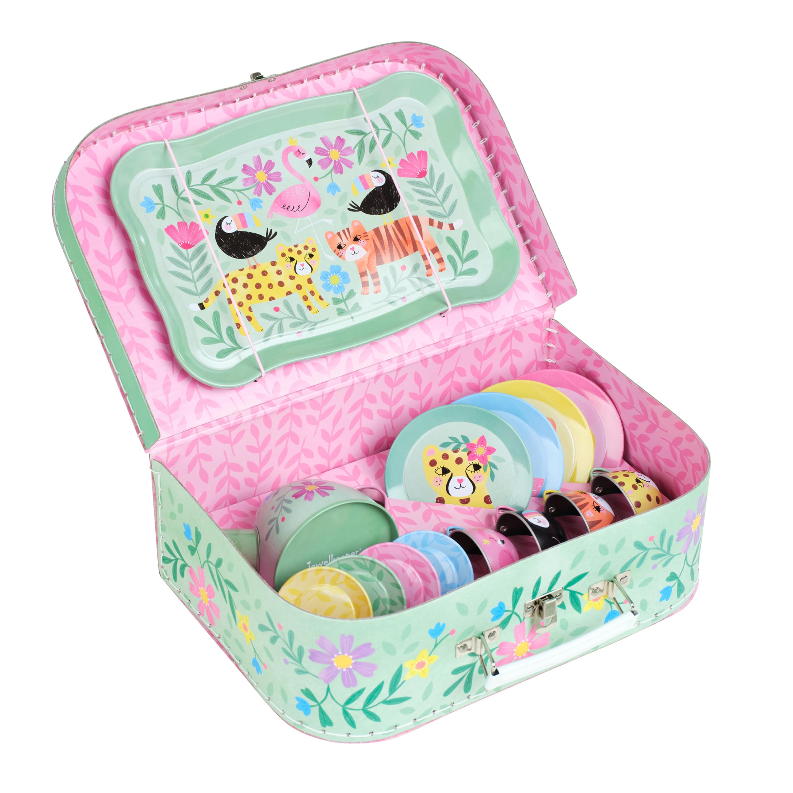 Jewelkeeper Teeservice für Kinder - Safari Design Kinder Teeservice, 15-teiliges Kindergeschirr für Spielküche und Kaffeekränzchen - Robuste Zinn-Konstruktion mit Tragetasche