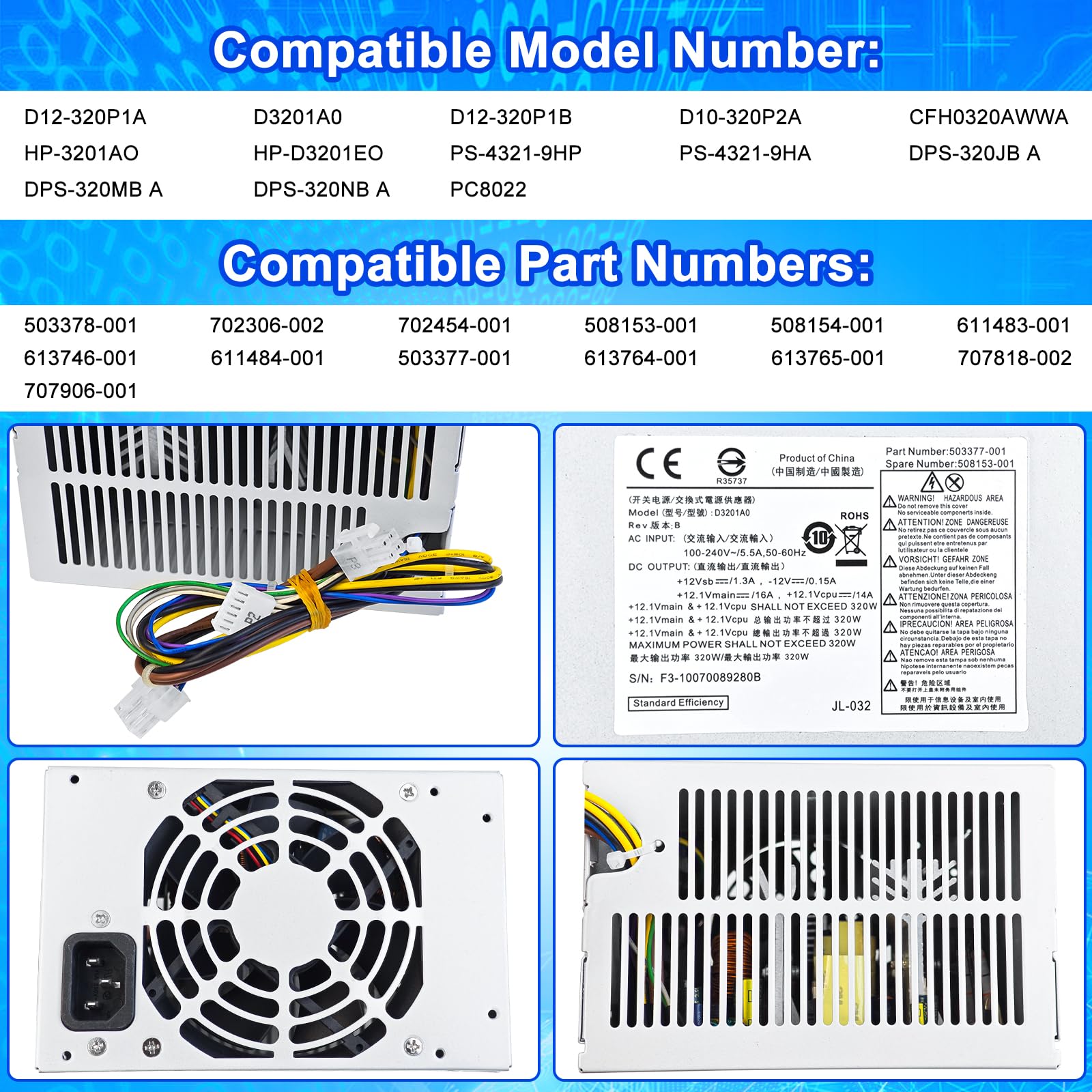 S-Union Fuente de alimentación mejorada 503377-001 de 320 W D10-320P2A PSU compatible con HP MT 6000 6200 6300 8000 8200 Z200 DPS-320NB CFH-0320EWWA 611484-001 61 3764 - 001 613765-001 503377-001