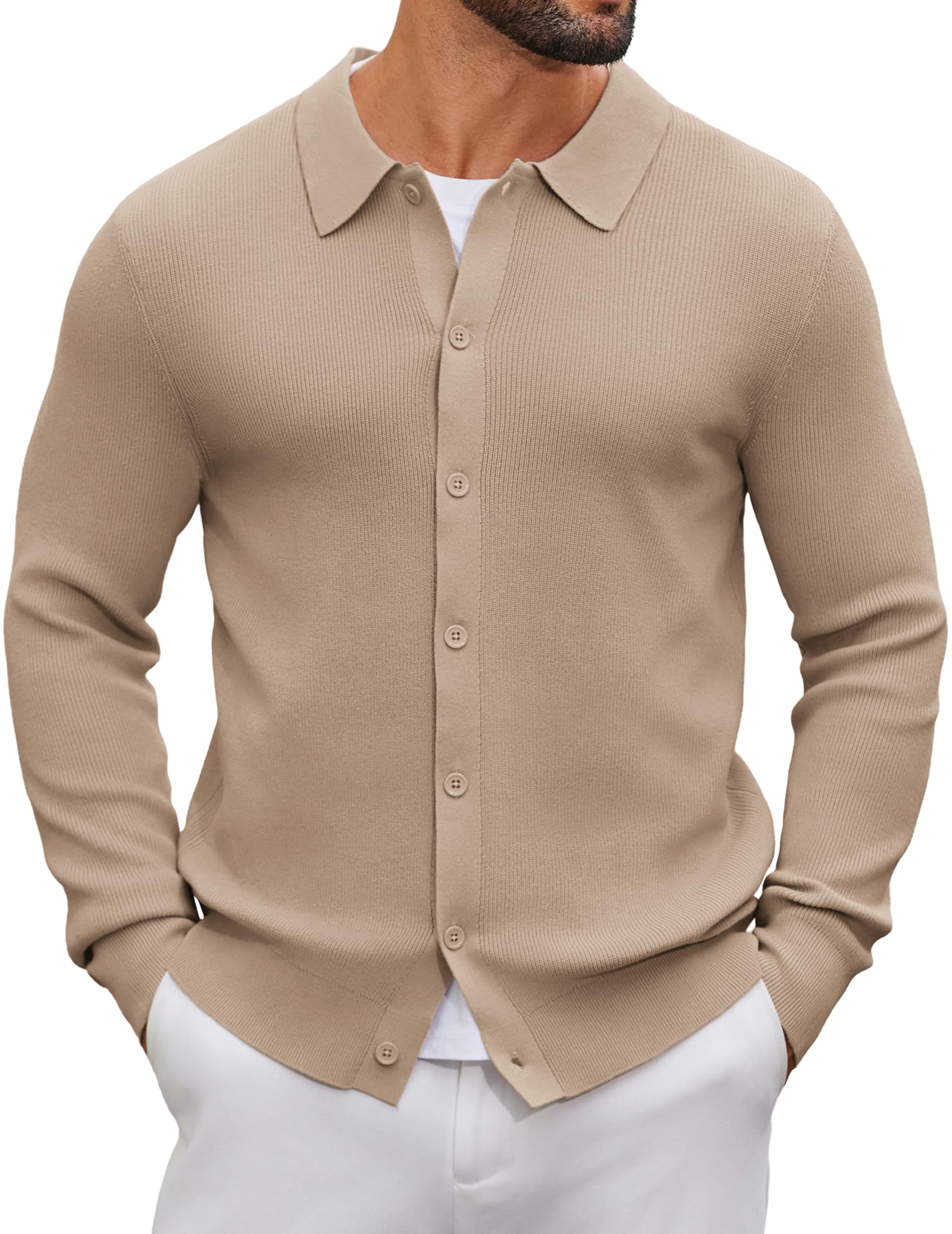 Mens Knit Cardigan Sweater Polo Long Sleeve Button Down Sweater Casual Open Front Ribbed Sweater