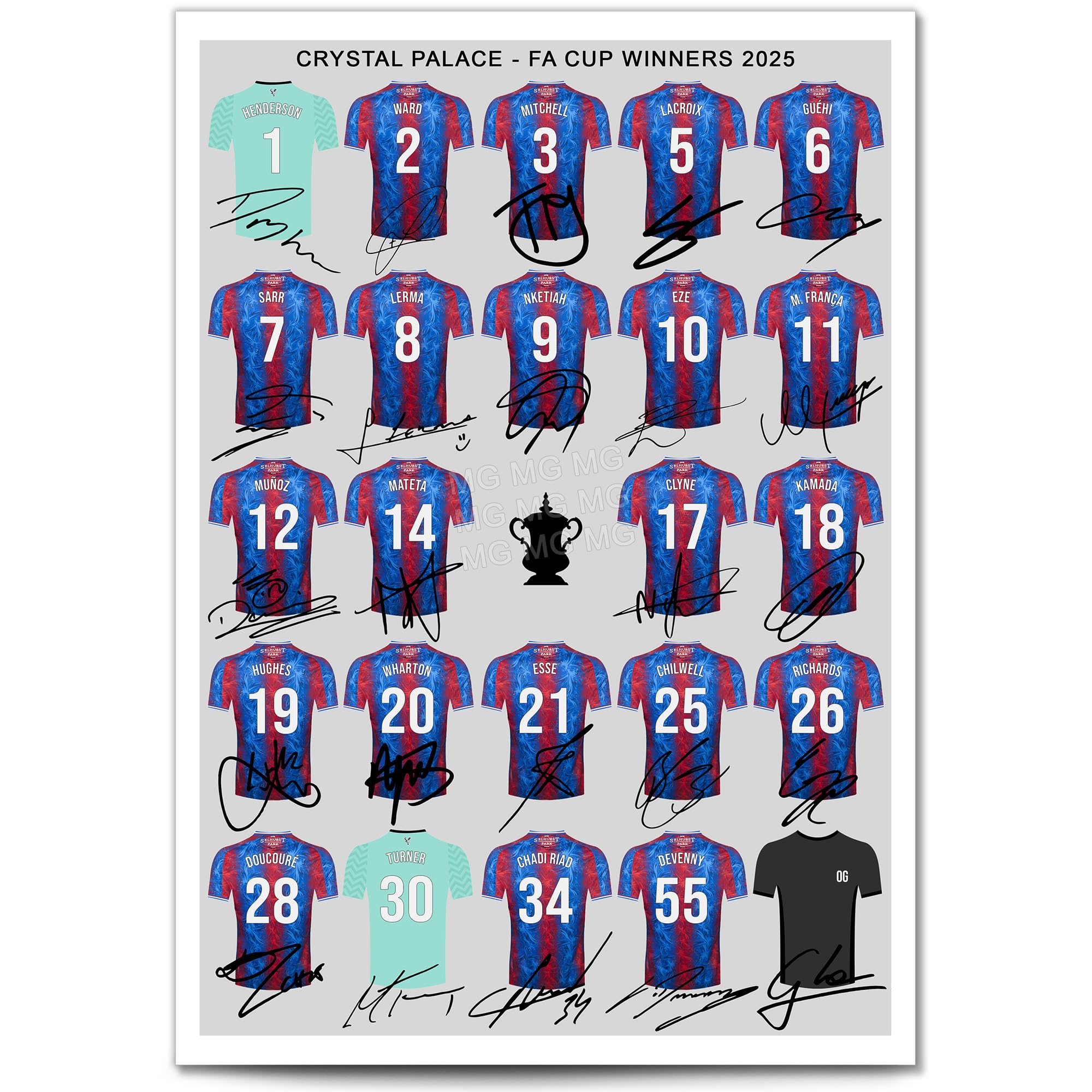 Mounted Gifts Trading Crystal Palace FA Cup Winners 2025 Squad Signed Poster Print Framed Picture Photo Autograph Gift Eberechi Eze Jean-Philippe Mateta Wharton (A3 poster only)