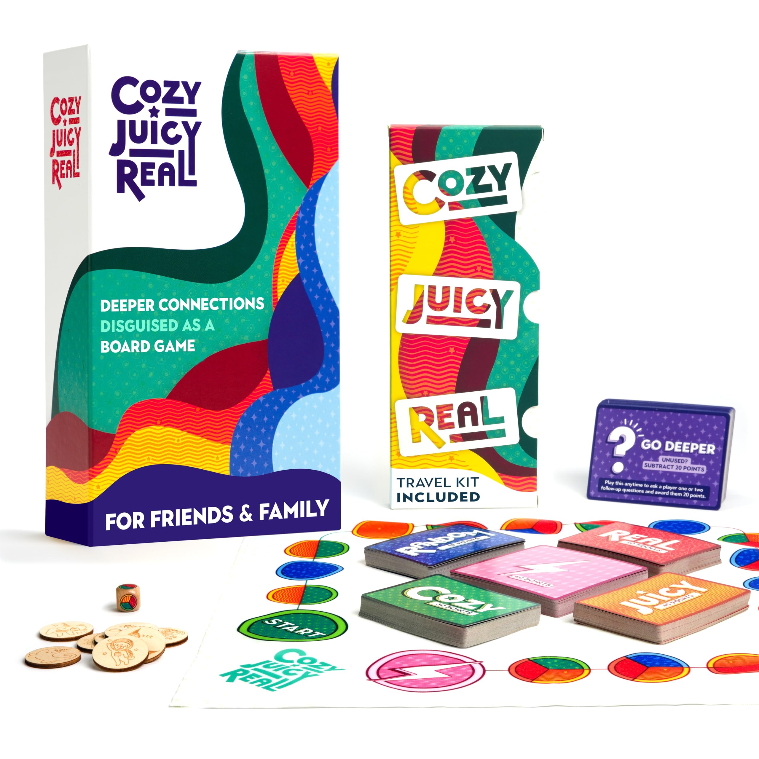 Cozy Juicy Real – Deeper Connections Disguised as a Board Game, Sparks Laughter and Unforgettable Conversations for Friends, Families and Couples - Over 250 Cards, Cloth Game Board