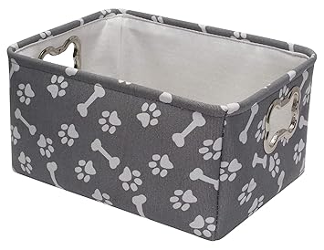 Geyecete Dog Toys Storage Bins Canvas Printing pet Baskets,with Designed Metal Bone-Shaped Handle,Pet Toy and Accessory Storage Bin-Gray