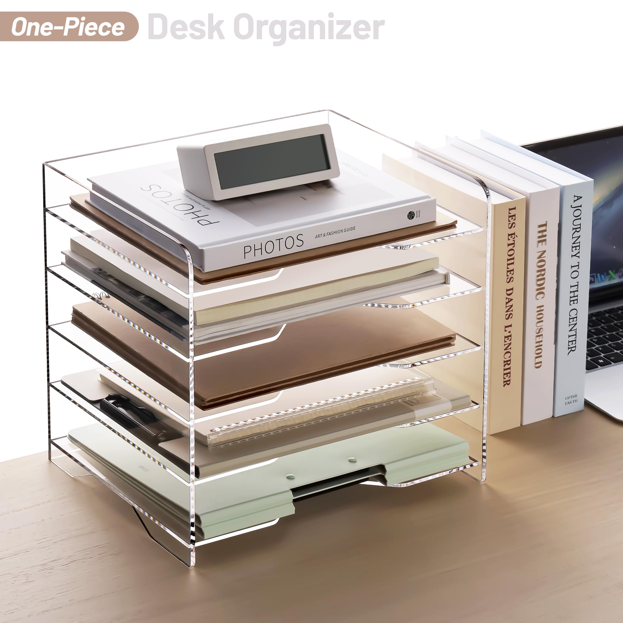 SANRUI Organizador de Archivos de Escritorio con estantes horizontales de 5 Niveles y clasificador, Bandeja acrílica para Cartas, Organizador de Papel para Oficina en casa, Transparente