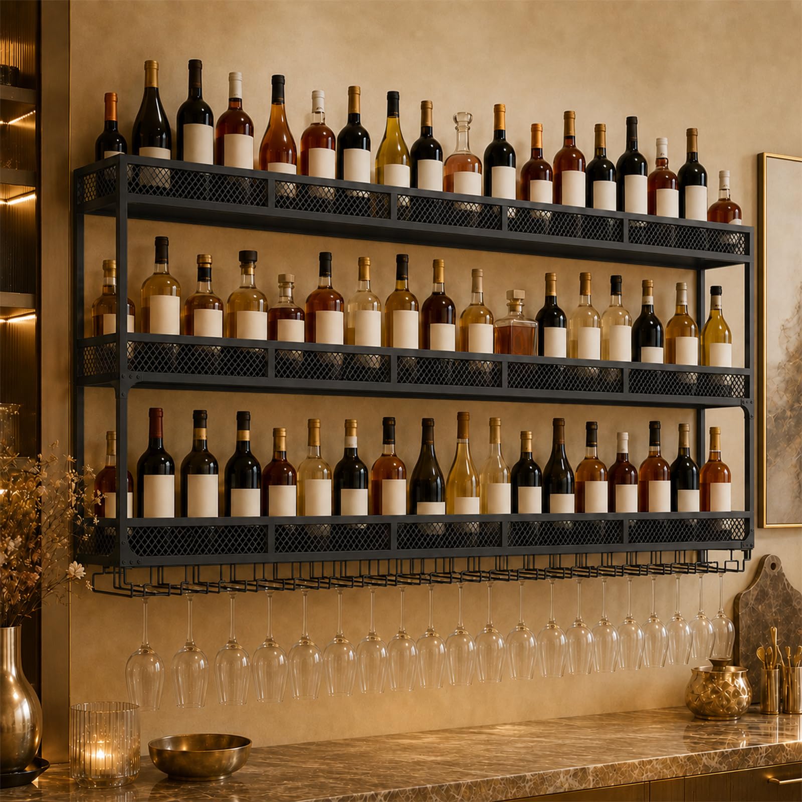 Zertylre Wall Mounted Metal Wine Rack with LED Lighting, Wine Rack For Cupboard, 3-Tier Metal Bar Shelf with Glass Holder & Rust-Proof Coating for Home, Restaurant, Bar (Black, 100cm×15cm×80cm)