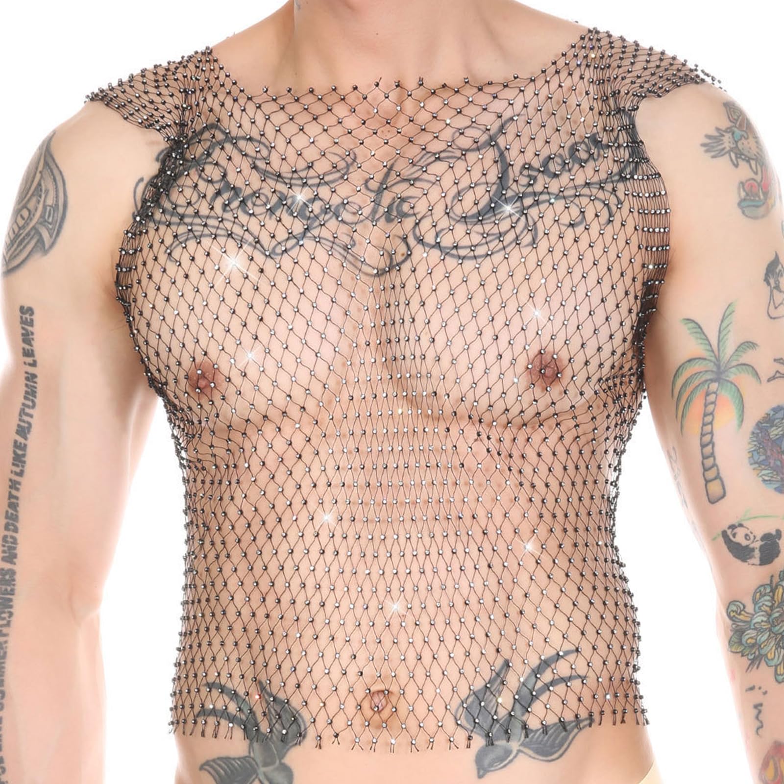 Haut en maille avec strass pour homme, débardeur sexy court rave, gilet transparent