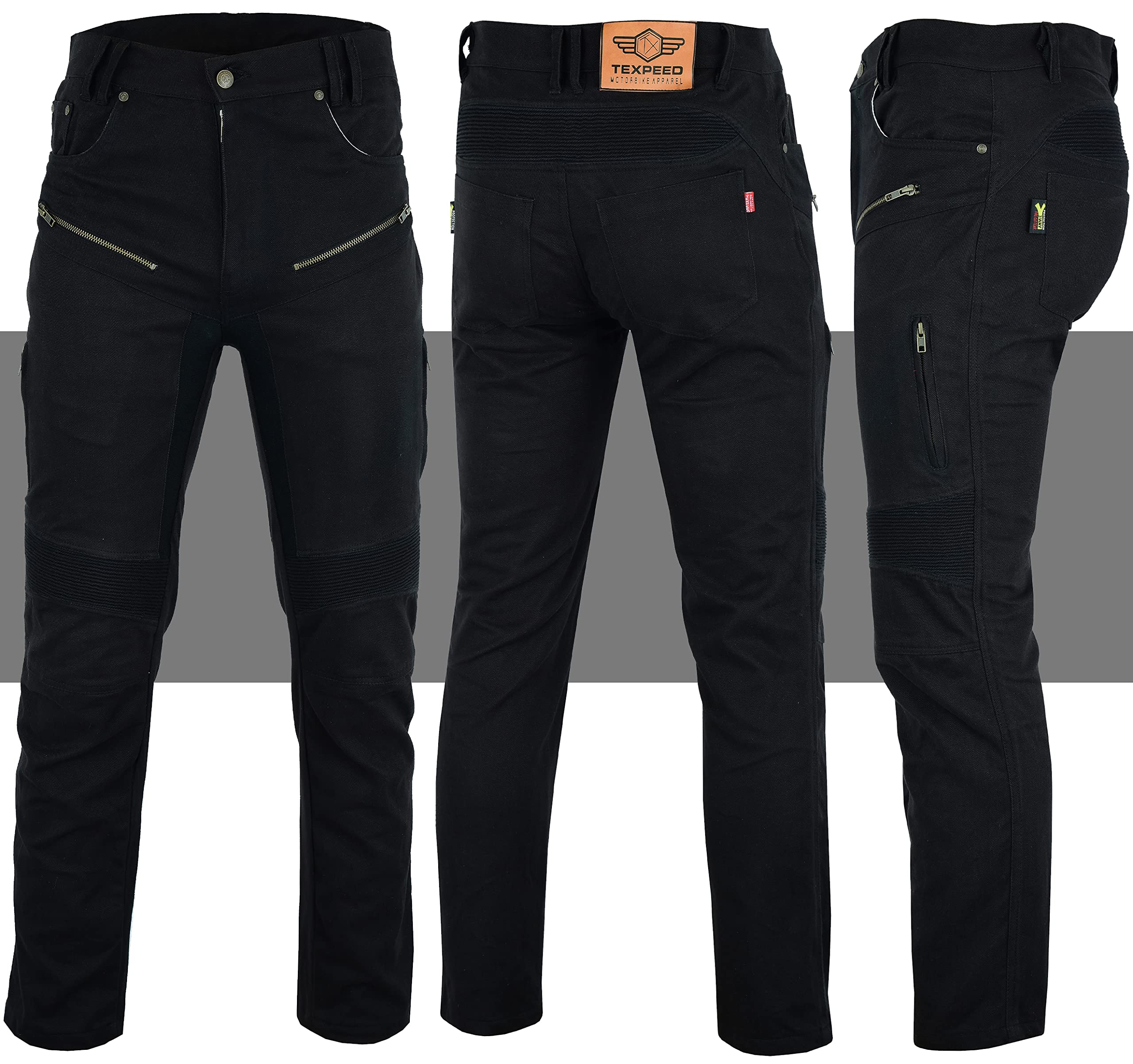 Dżinsy motocyklowe pancerz dla mężczyzn - Spodnie z ochroną - 280 g/m² aramid z pancerzem ochronnym (EN 1621-1) - Zwężany krój - Texpeed - Czarny - XL Talia/Krótki Noga