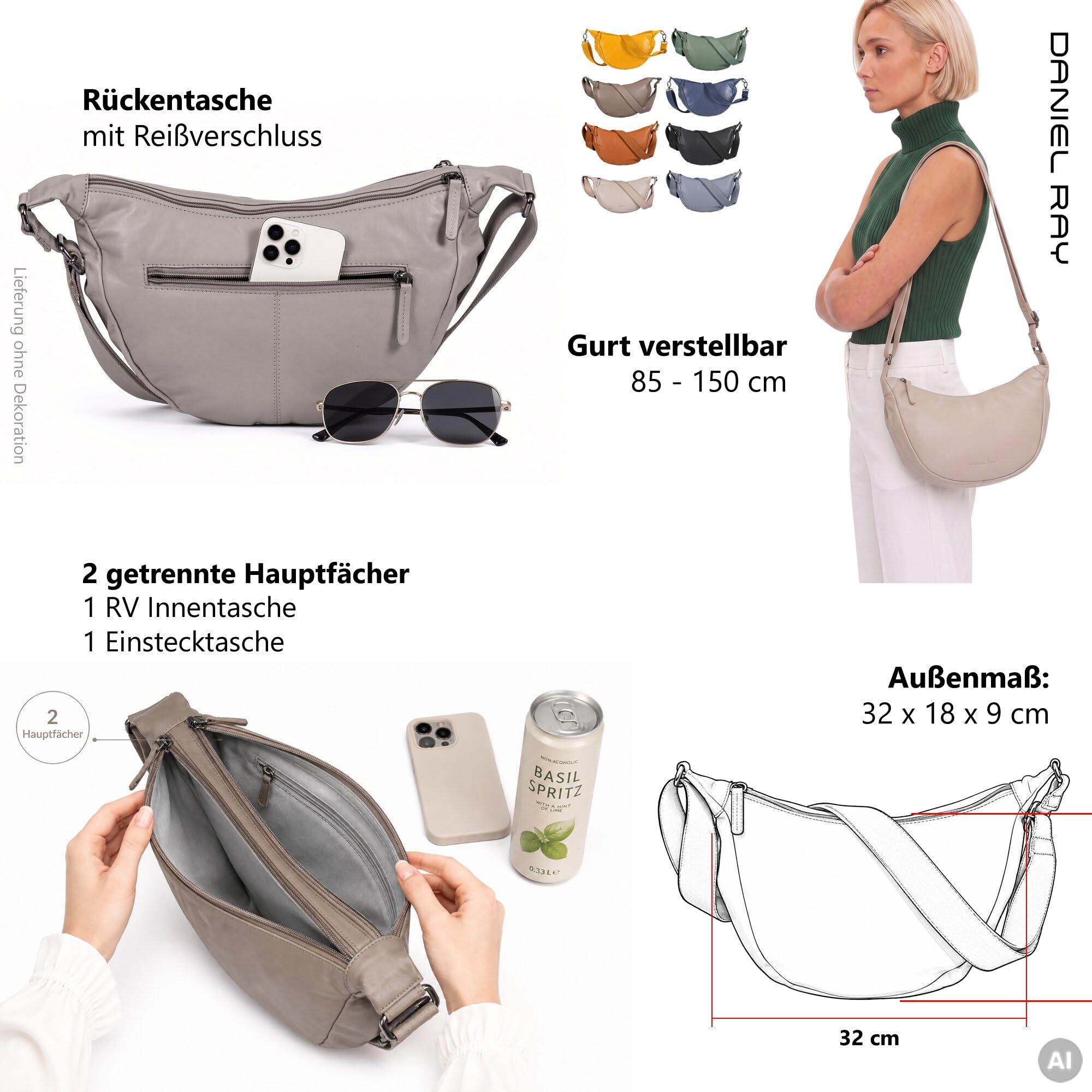 Handtasche Leder Moonbag Crossbody Schultertasche Portaugusta 1595 +e