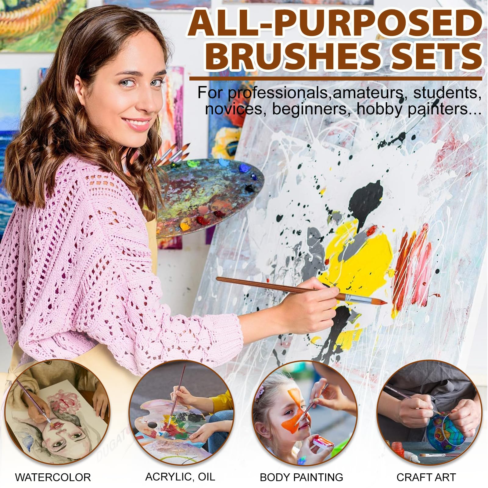 UCAMP Set di pennelli acrilici di alta qualità, 32 pennelli per artisti, set di pennelli per pittura a olio, in nylon, corpo in legno, pennelli per pittura artistica, acquerello, olio