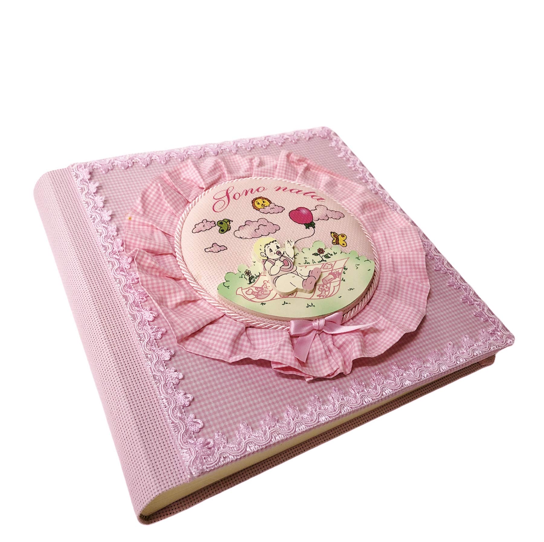 TriVin Art, Álbum de fotos artesanal fabricado en Italia (Battesimo) 30 x 30 cm, 40 páginas marfil con papel protector para bautizo (rosa/Baby)