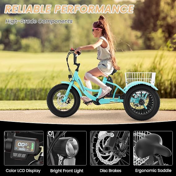 MOONCOOL Electric Tricycle for Kids, 250W 3 Wheel E-Trike, 16in with Basket