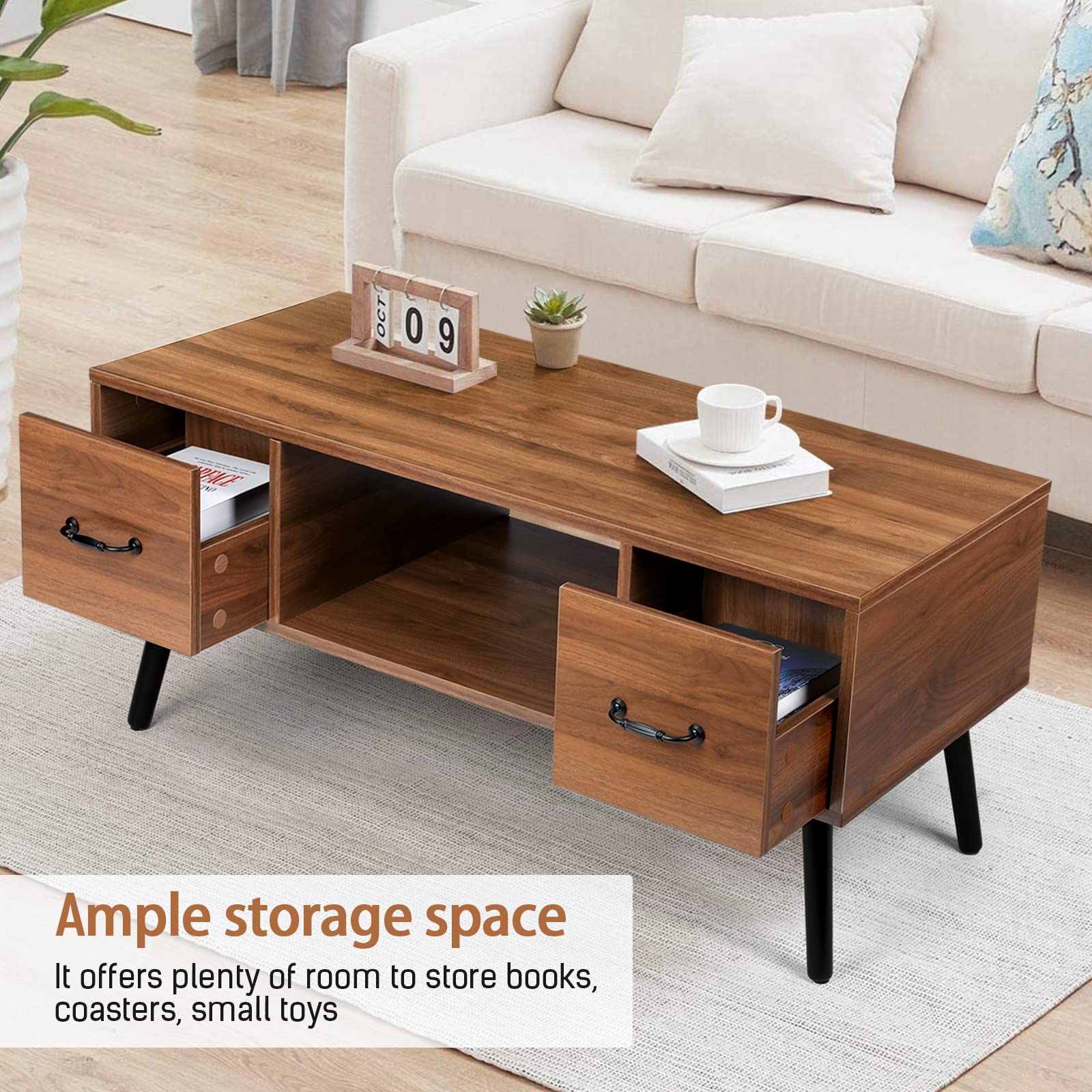 Coffee Table with 2 Storage Drawers and Open Shelf, Rectangular Mid-Century Modern Coffee Table with Solid Wood Legs for Living Room Reception Room, Walnut Brown