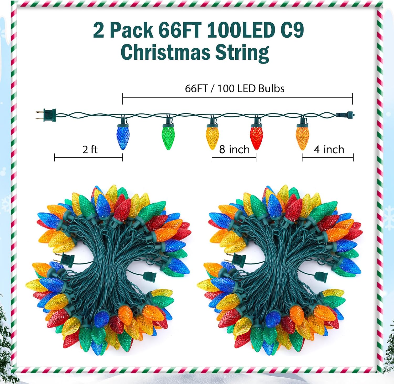 Brightown C9 LED Christmas String Lights, 2 Pack Total 132ft 200LED Multi-Color Outdoor Lights String, Plug-in Connectable Roofline Lights String for Outside Yard Christmas Holiday Decor