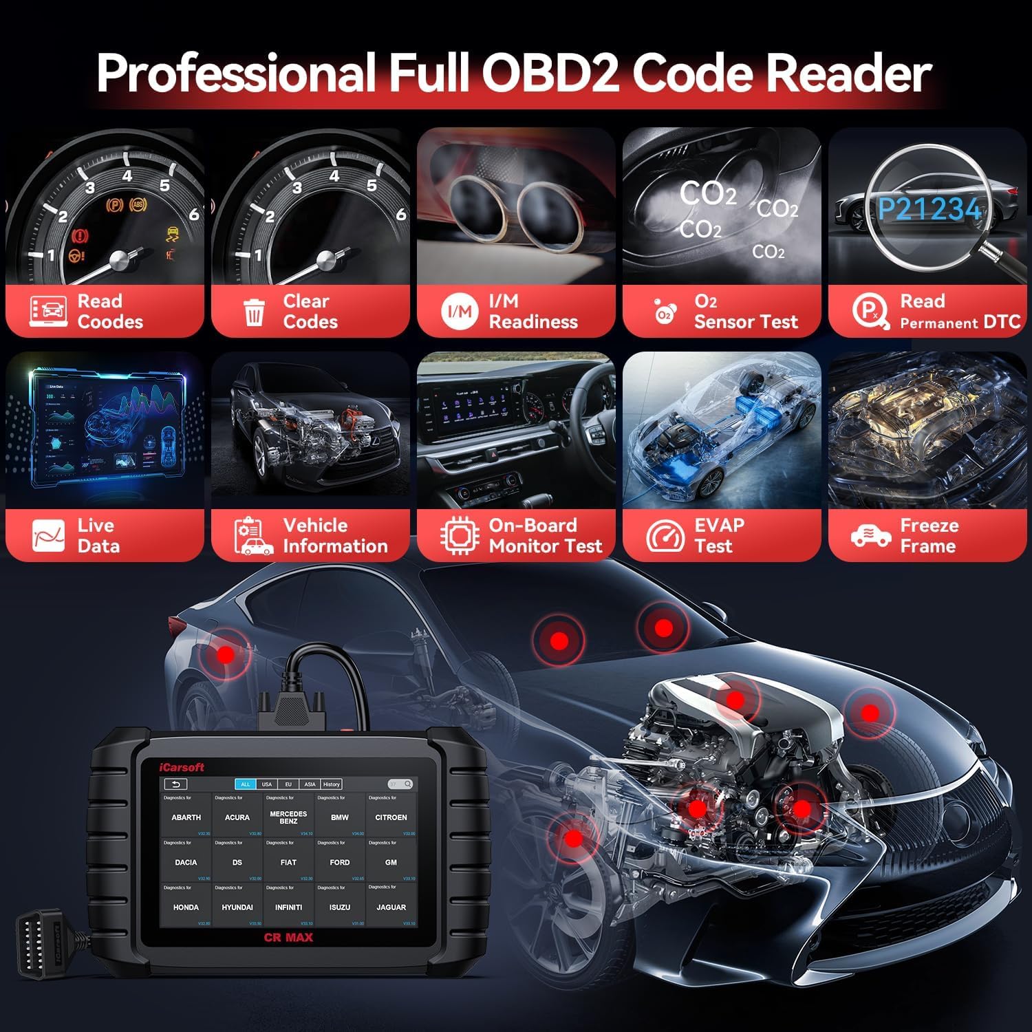 iCarsoft Bidirectional Scan Tool, CR Max OBD2 Diagnostic Scanner for All Vehicles, Full System 49 Resets+46 Extra Services, 40000+Active Tests,ECU Coding, Battery Registration, Oil Reset/ABS,CAN FD