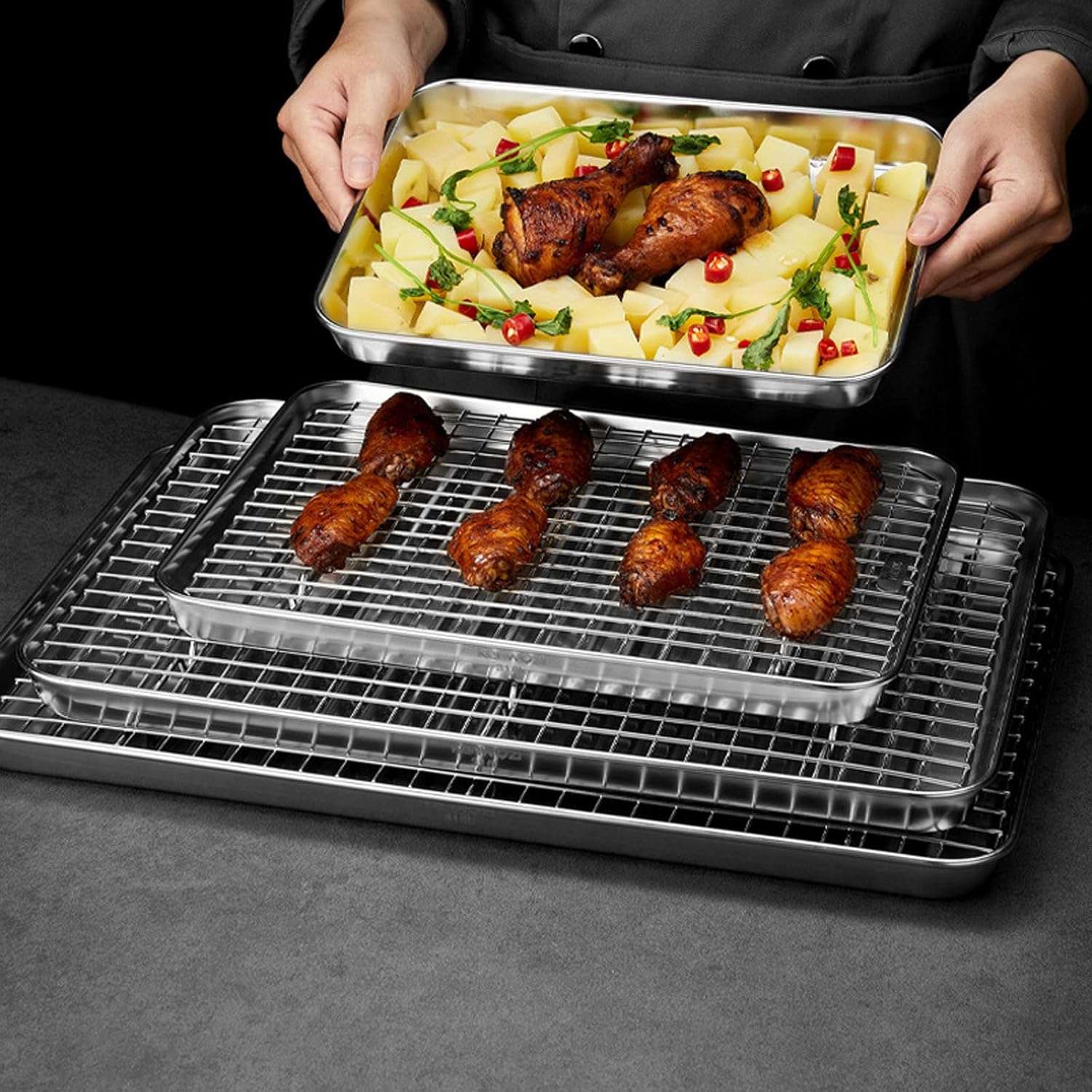 304Stainless Steel Baking Tray Baking Plates BBQ Tray with Removable Cooling Rack Baking Pan Sheet Oven Dishwasher