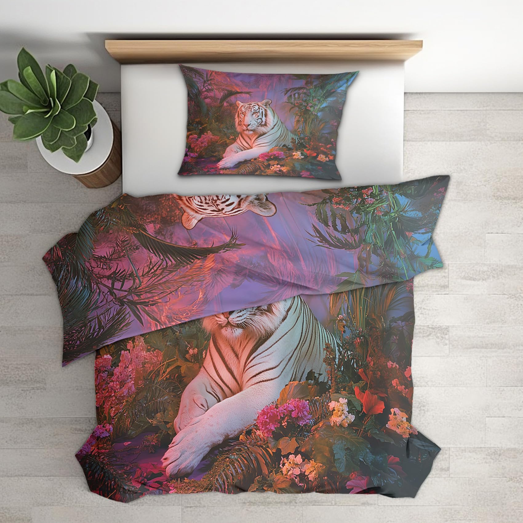 Housse de couette avec fermeture éclair 140x200 pour lit 1 personne tigre blanc