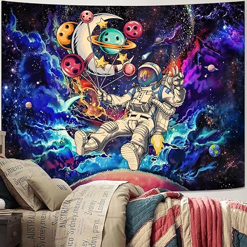 Miniatura 3 de YEXIT Divertido tapiz de globo de astronauta espacial, luz negra, galaxia, universo, planetas, geniales tapices para adolescentes, niños, dormitorio