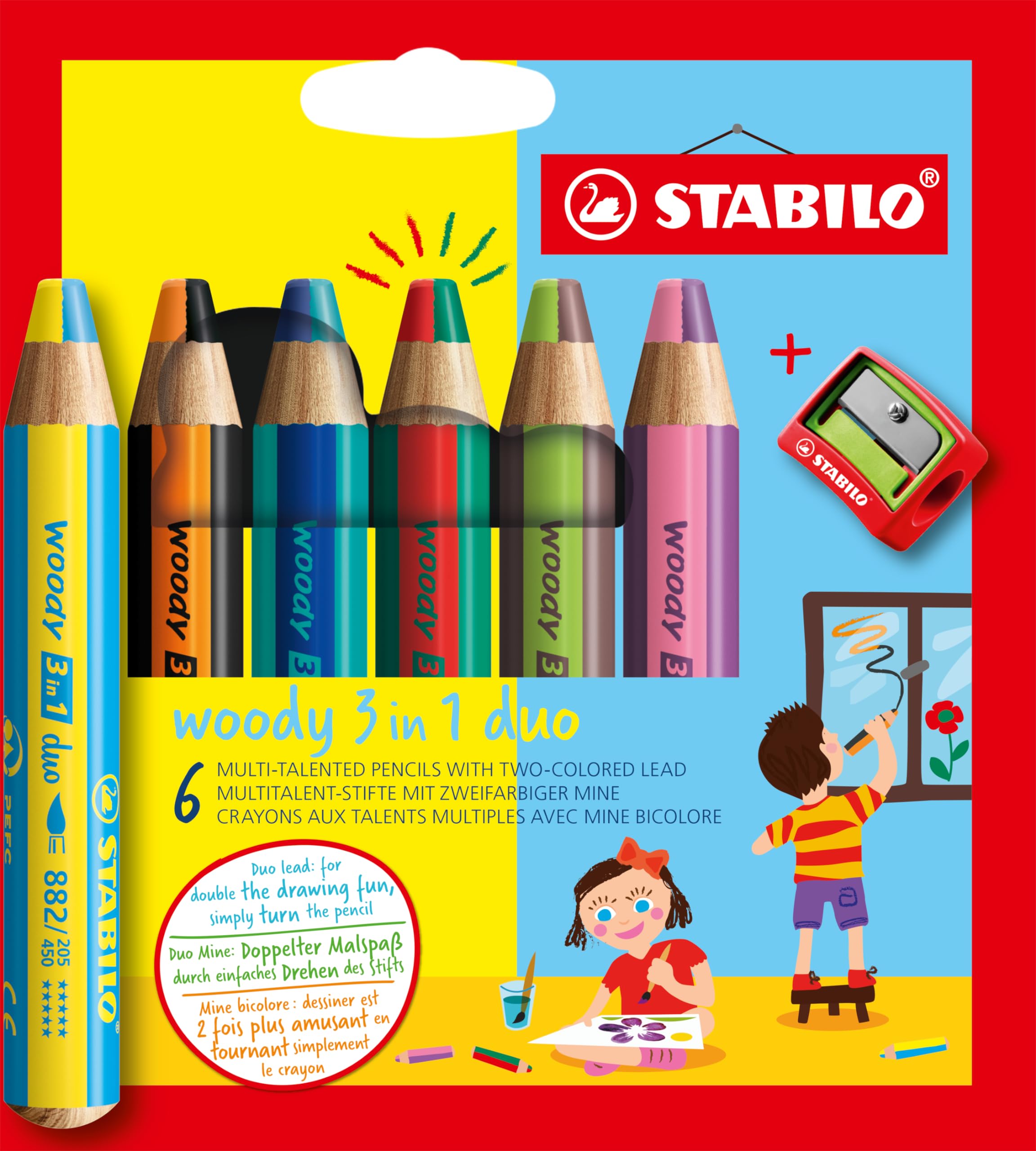 STABILO woody 3-in-1 duo - Multi-Talented Pencil - Pack of 6 - Assorted Colours with Sharpener