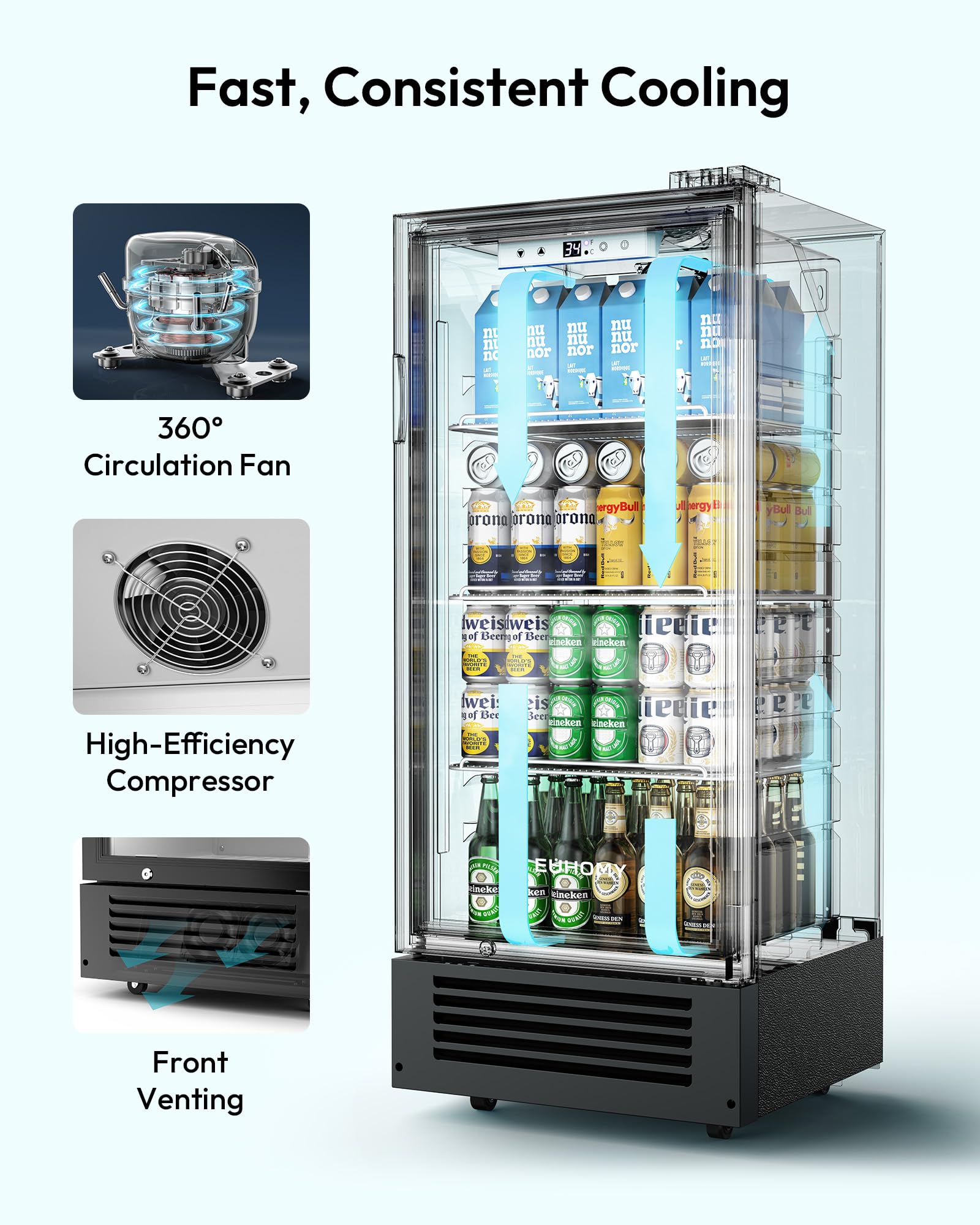 Euhomy 6 Cu.Ft Commercial Refrigerators With Double-Tempered Glass Door, Beverage Refrigerator With Lock And Adjustable Shelves, Display Fridge With LED Light For Bar, Office, Restaurant, Etl Listed on Fridge.com - View 2