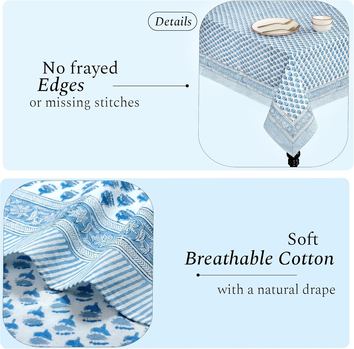 CPC Tablecloth 100% Cotton 60x60 Inch Indian Block Print Square Table Cover, Table Cloth for Weddings, Spring/Summer, Barbeque - Apatite Blue - Image 4