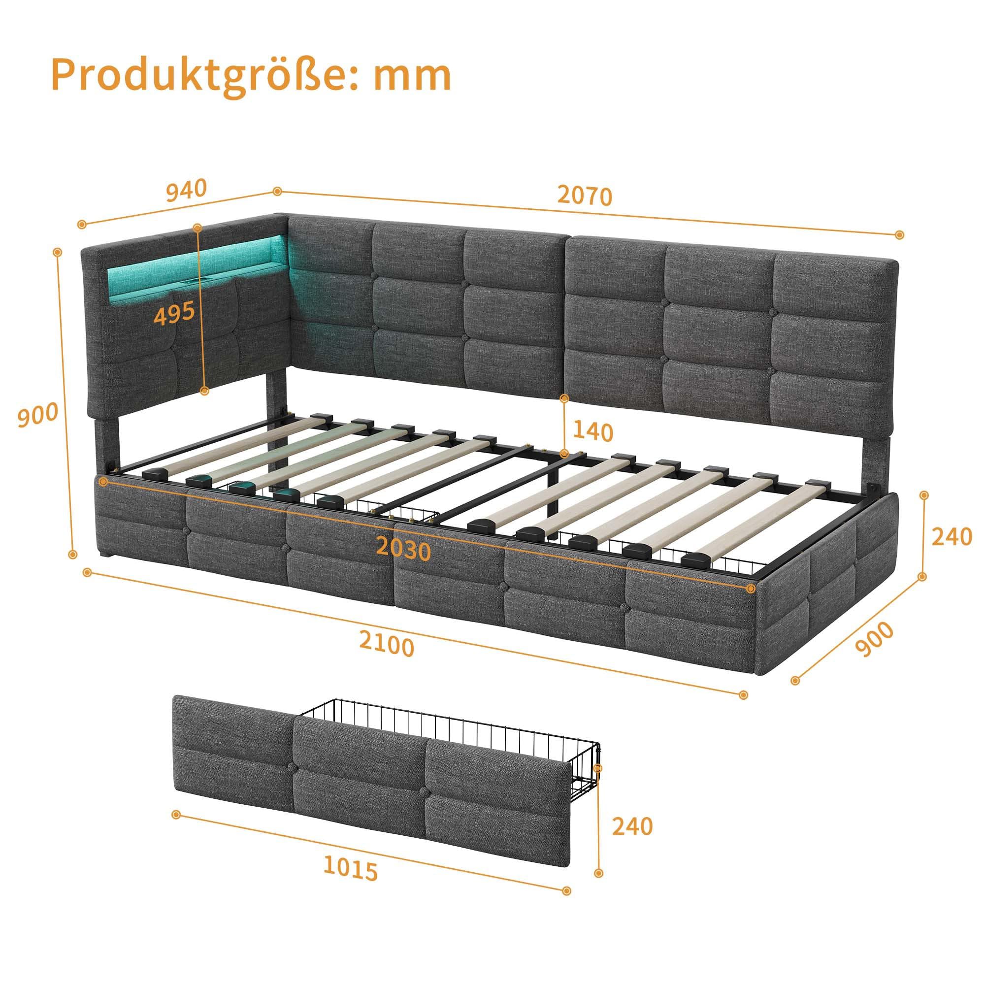 Łóżko pojedyncze z diodami LED i USB, tapicerowane łóżko z funkcją spania, 90 x 200, łóżko młodzieżowe z 2 szufladami, łóżko dzienne ze stelażem, łóżko dla gości, rama łóżka, kolor lniany