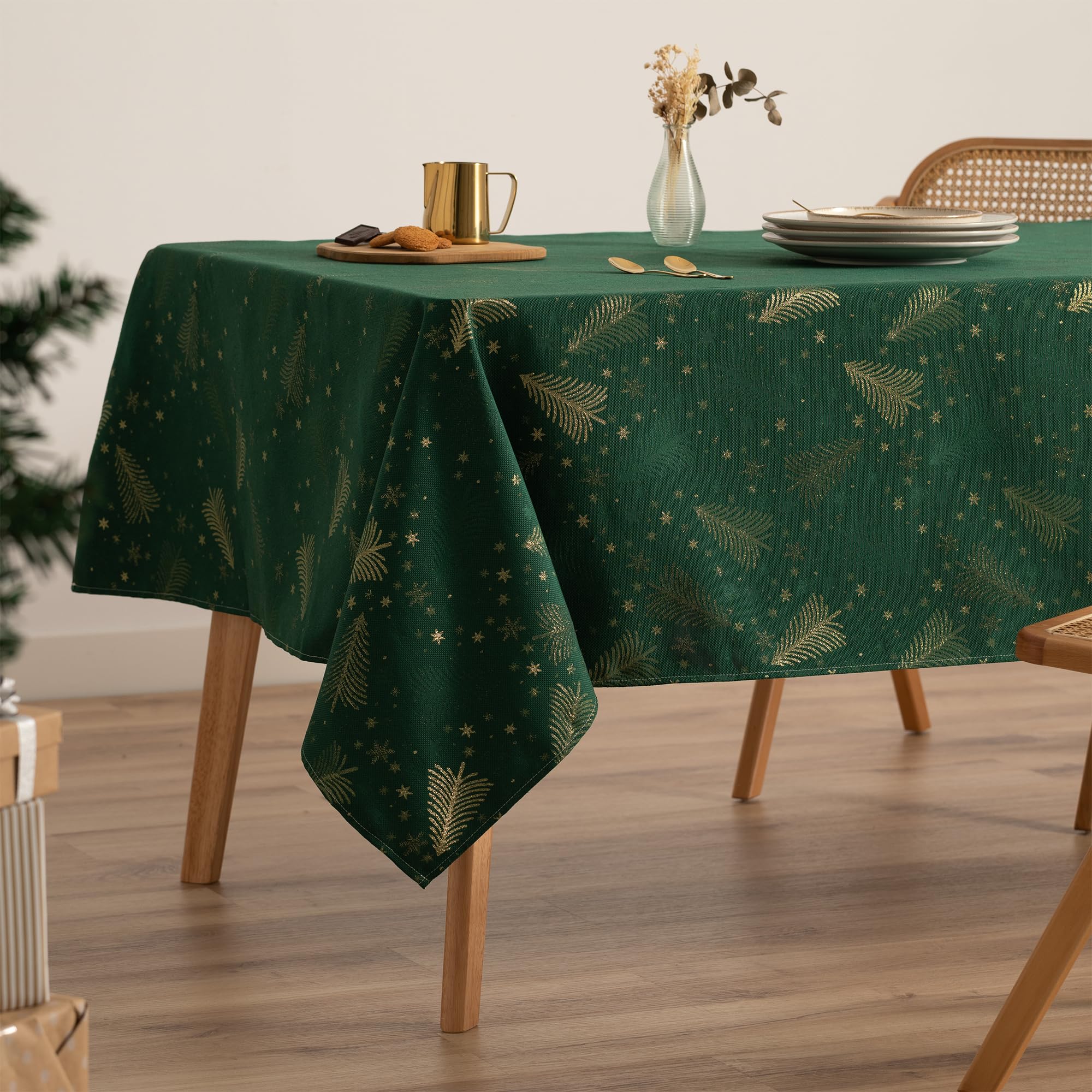 Gamusi Green Tablecloth Christmas Jacquard Gold Thread Dining Table Rectangular Christmas Decoration 140 X 350 Cm