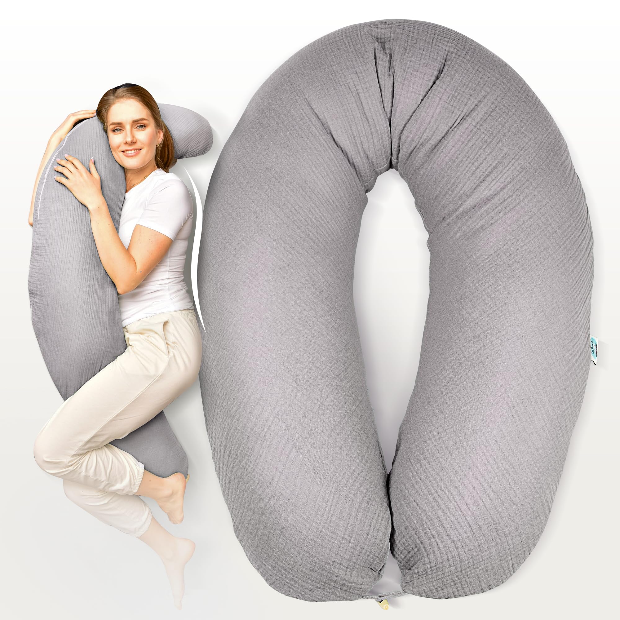 Sei Design XXL Stillkissen 190 cm x 35 cm Musselin-Bezug ergonomisch Schwangerschaftskissen Seitenschläferkissen Komfortkissen Bio-Baumwolle