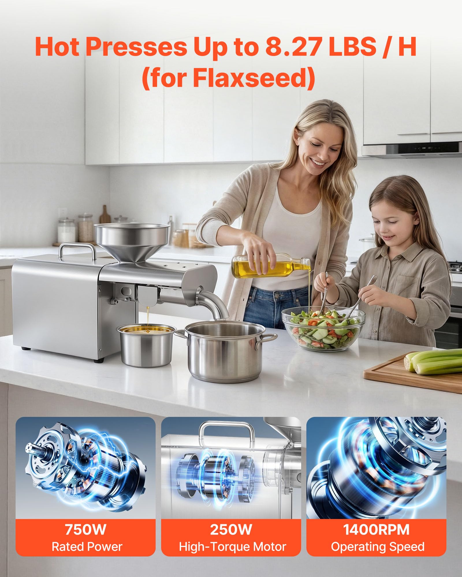 VEVOR Máquina de Prensa de Aceite Eléctrica 750 W, Extractor de Aceite 3,75 kg/h, Prensado en Caliente 50-300 °C, Exprimidor de Acero Inoxidable, Uso Doméstico y Comercial, para Cacahuetes, Soja