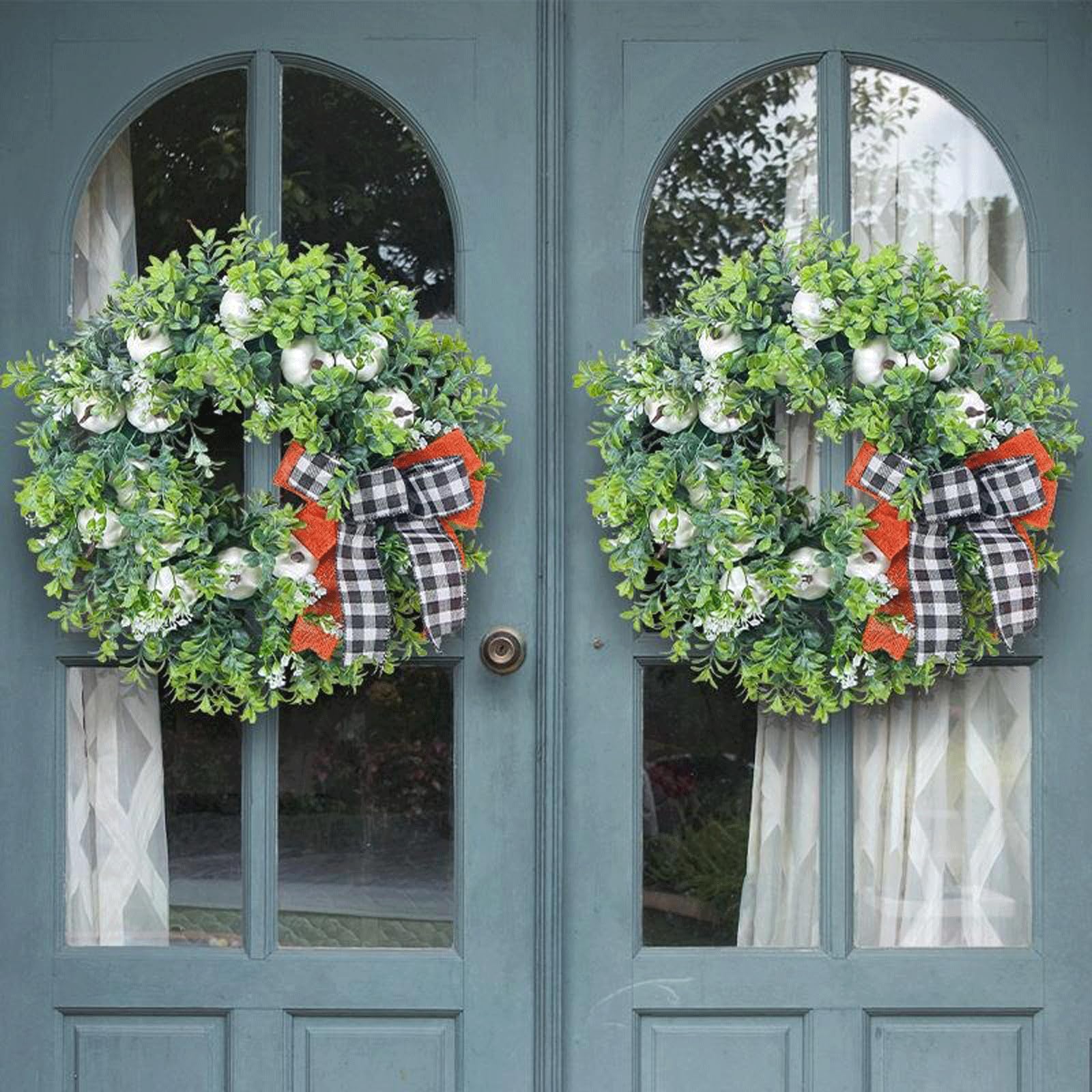 Ghirlanda di benvenuto per porta d'ingresso, in plastica verde, 40,6 x 40,6 cm, ghirlanda primaverile ed estiva per porta d'ingresso o finestra, decorazione da parete