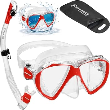 Adult Snorkeling Gear, Clear-View Tempered Glass Mask & Dry Snorkel Set