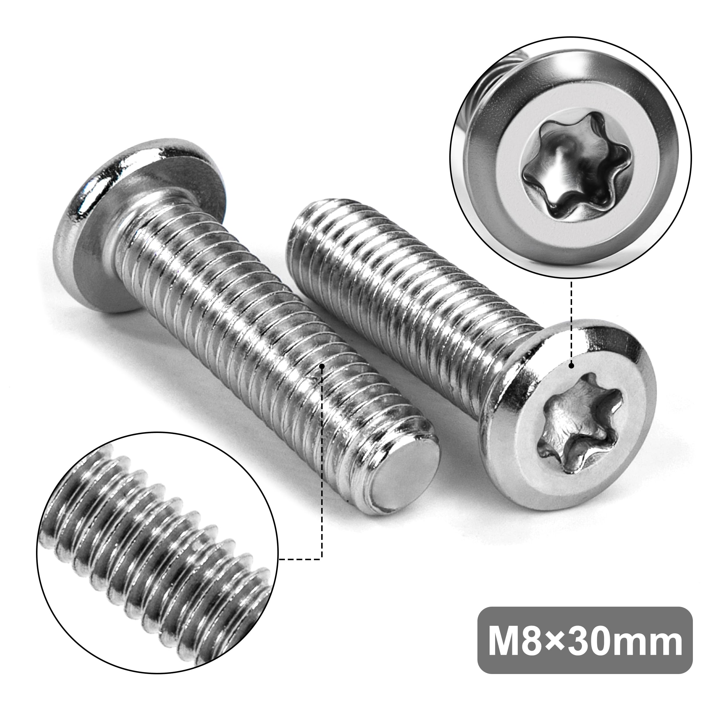 Tunejoy Viti a Testa Piatta Torx M8 x 30 mm Vite a Testa Esagonale Bulloni in Acciaio Inox A2 V2A Bulloni per Mobili con Chiavi a T40 Filettatura Completa 20 Pezzi