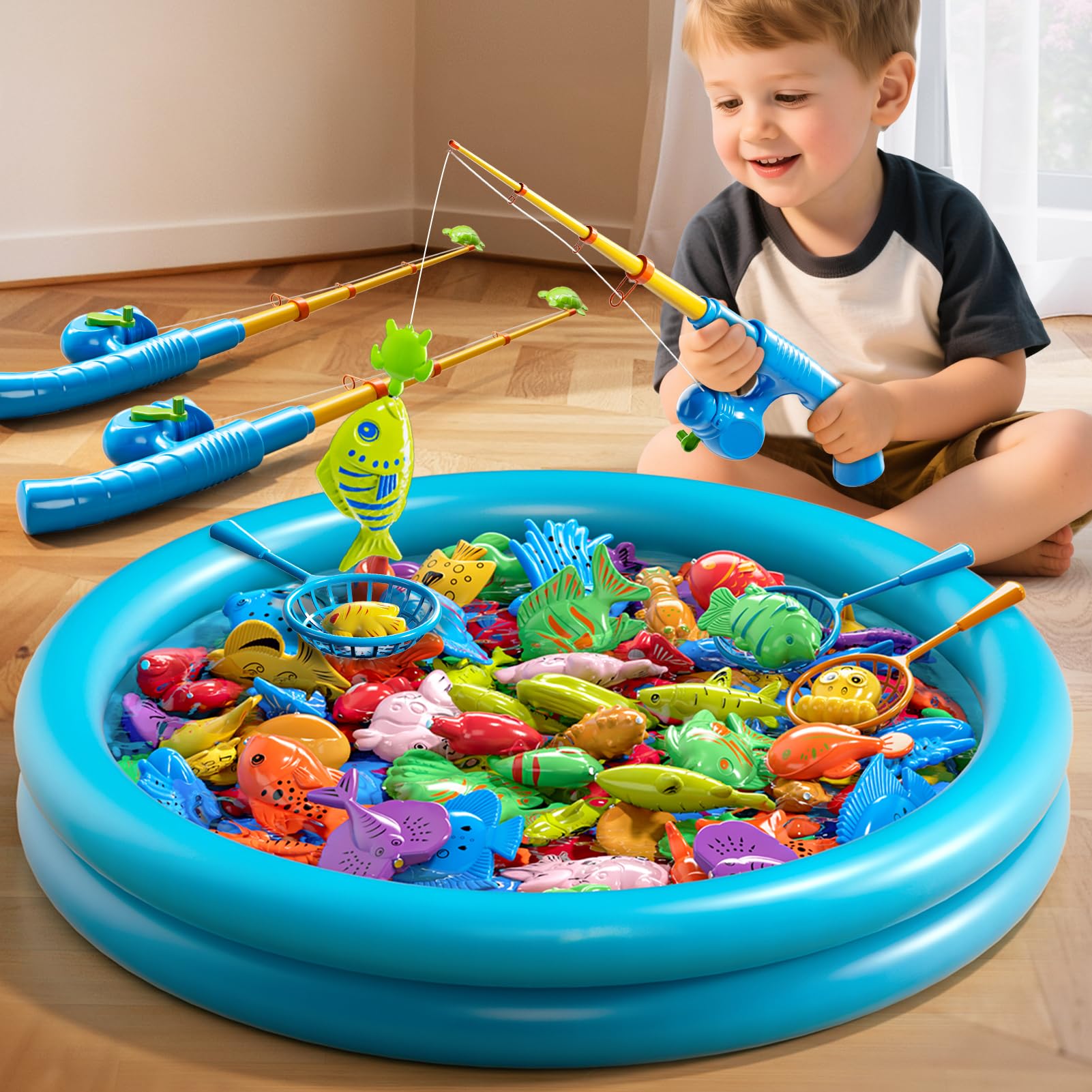 Magnetische Angel Pool Spielzeug Spiel für Kinder Kleinkinder, Bad Wassertisch Außenspielzeug mit aufblasbarem Pool, Pole Rod Netz, Bildungs Badewanne Spielzeug für das Alter 3 4 5 6 7 8