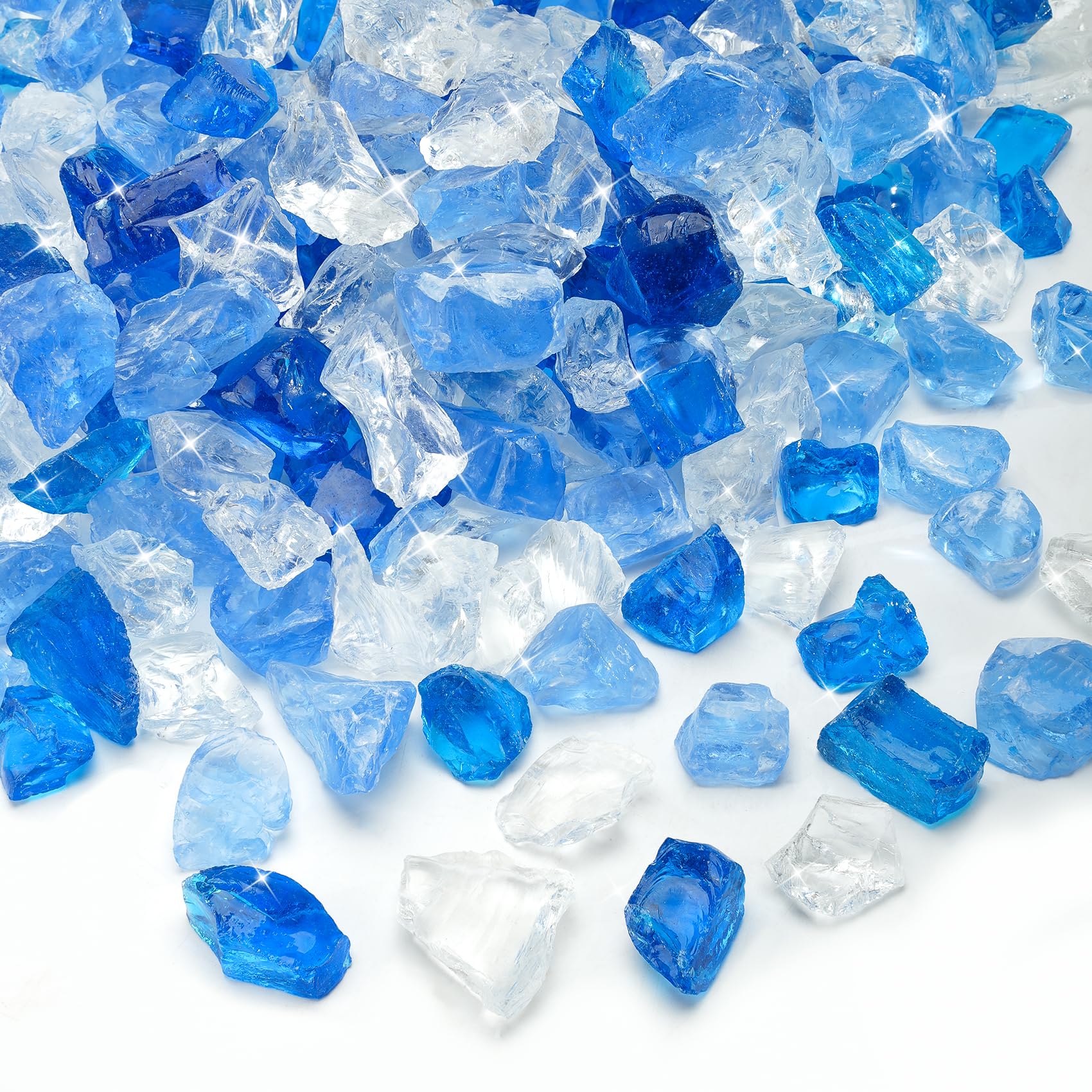Mr. Fireglass Crushed Fire Glass for Natural or Propane Fire Pit, 10 Pounds Decorative Recycled Fireplace Glass Rocks for Fire Pit Fireplace and Landscaping, High Luster Sea Blue and Ice Clear