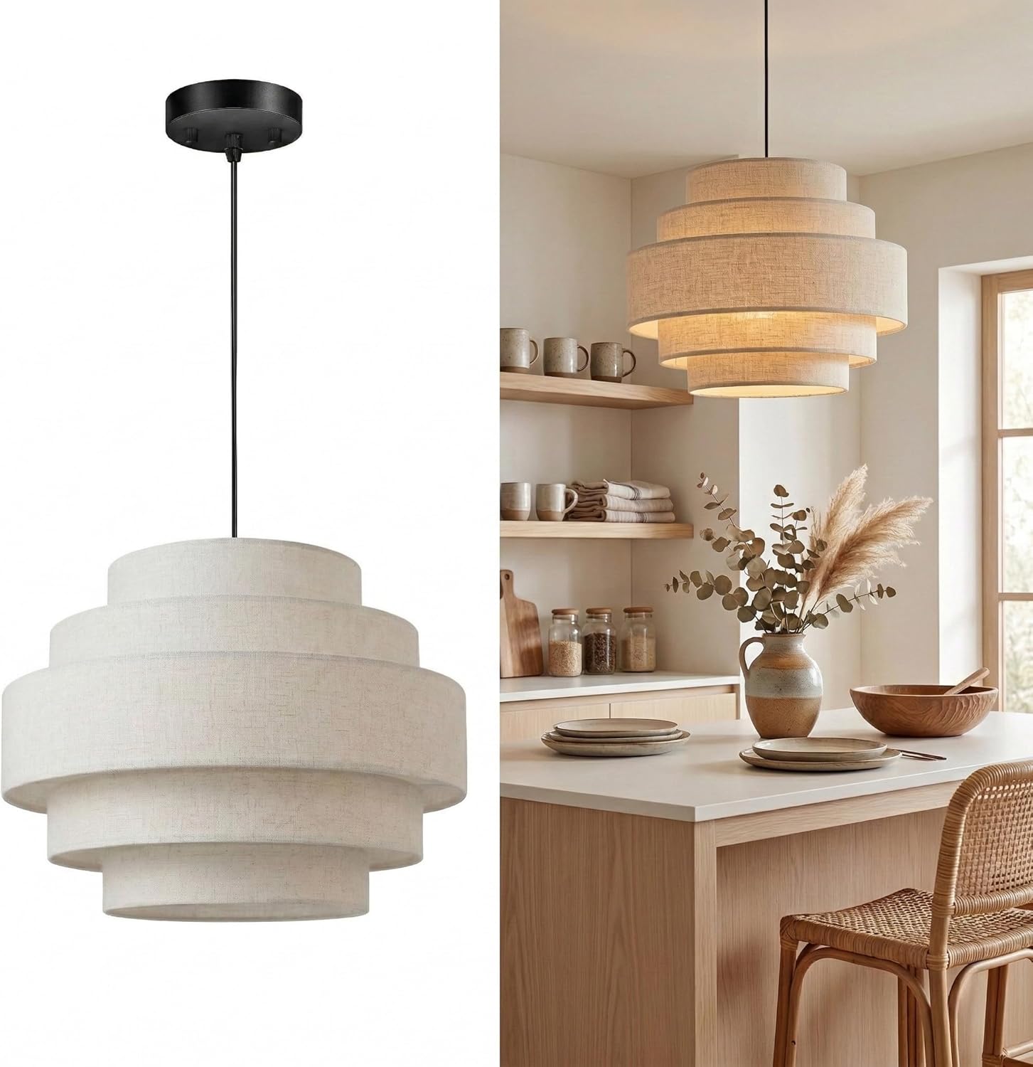 5-Tier Farmhouse Chandelier, 13" Modern Drum Pendant Light Fixture with Linen Lampshade, Adjustable Height Hanging Ceiling Lighting for Bedroom/Nursery/Dining Room/Kitchen Island/Entryway,Beige
