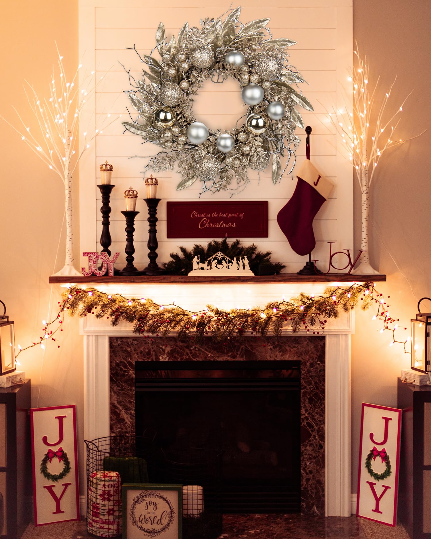 Weihnachtskranz Türkranz für Weihnachten - Champagne Adventskranz mit Weihnachtskugeln und Fernzweige, Dekokranz Weihnachtsdeko Tischkranz, Ø 40CM