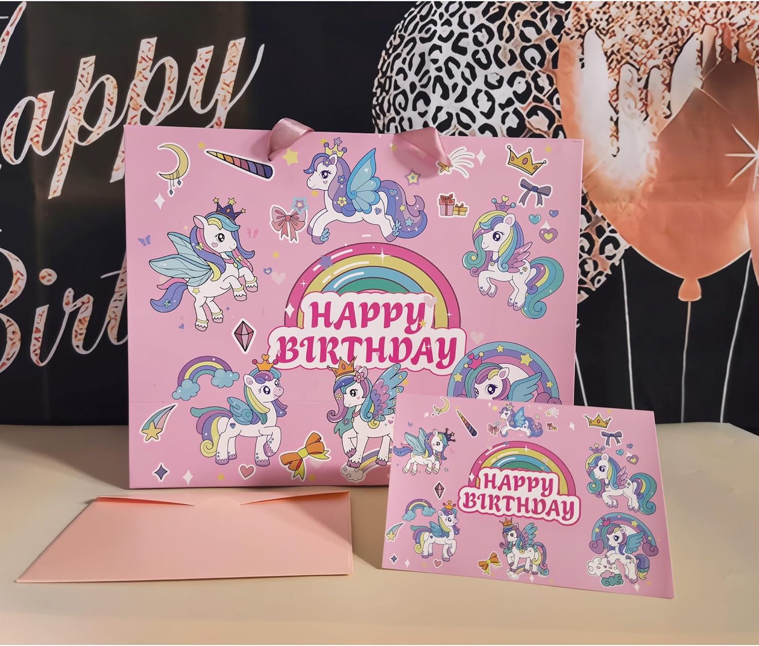 Sumerk 13" Rainbow Birthday Gift Bag with Tissue Papers and Greeting Card, Envelope and Stickers - Pink Gifts Wrapping Bag for Birthday - Image 5