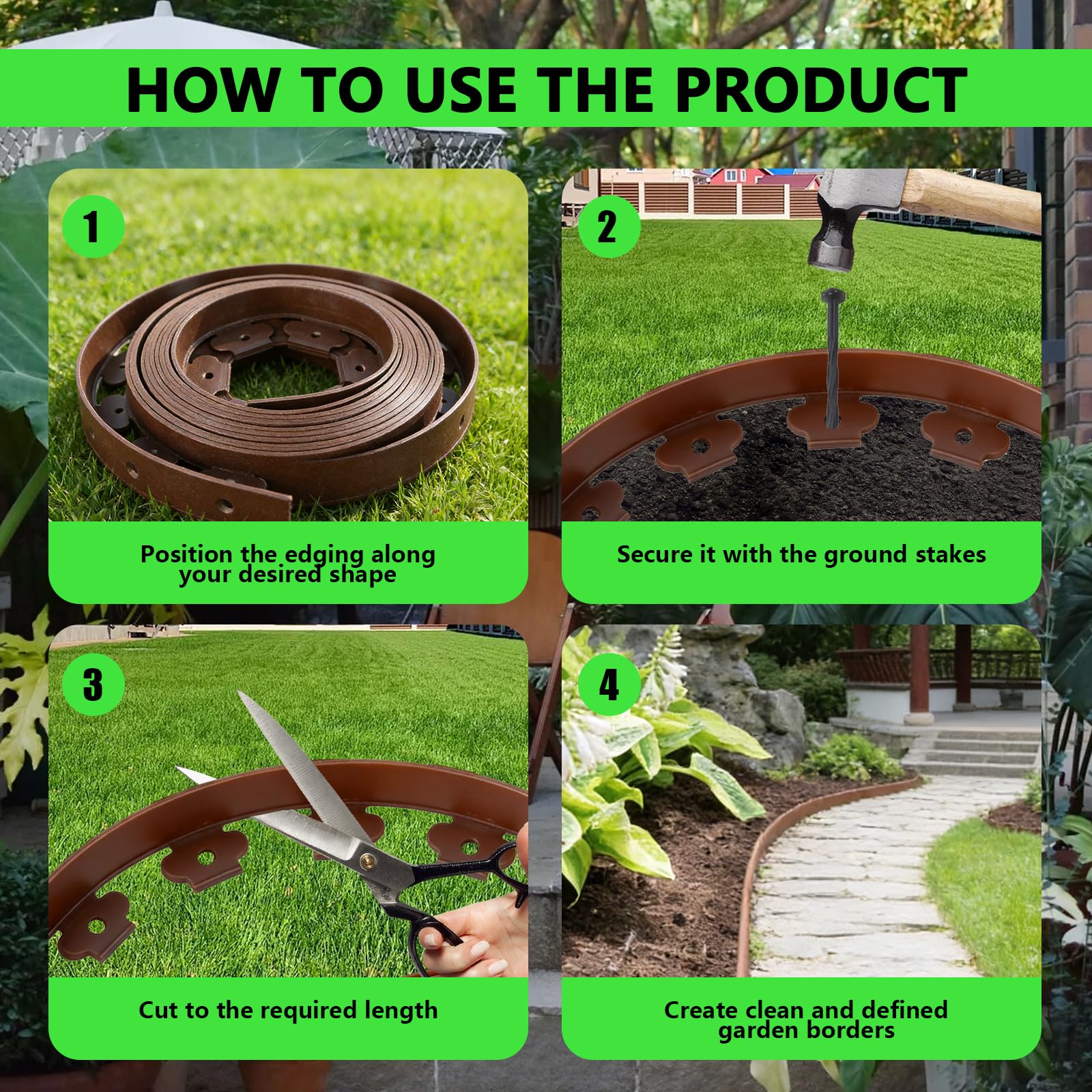 Bordo per Aiuole da Giardino 10 m con 60 Picchetti – Bordura per Prato in Plastica Flessibile, Altezza 5 cm – Separatore per Aiuole e Vialetti, Marrone