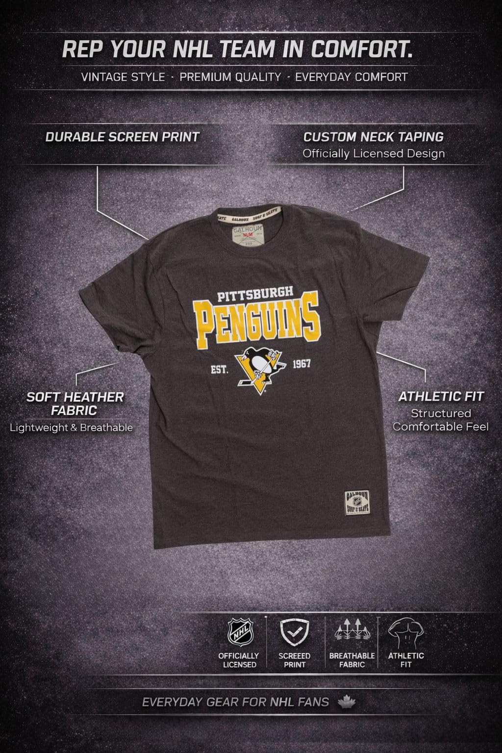 CALHOUN NHL Herren-T-Shirt im Vintage-Stil, Siebdruck-Logo, Baumwoll-Polyester-Mischgewebe