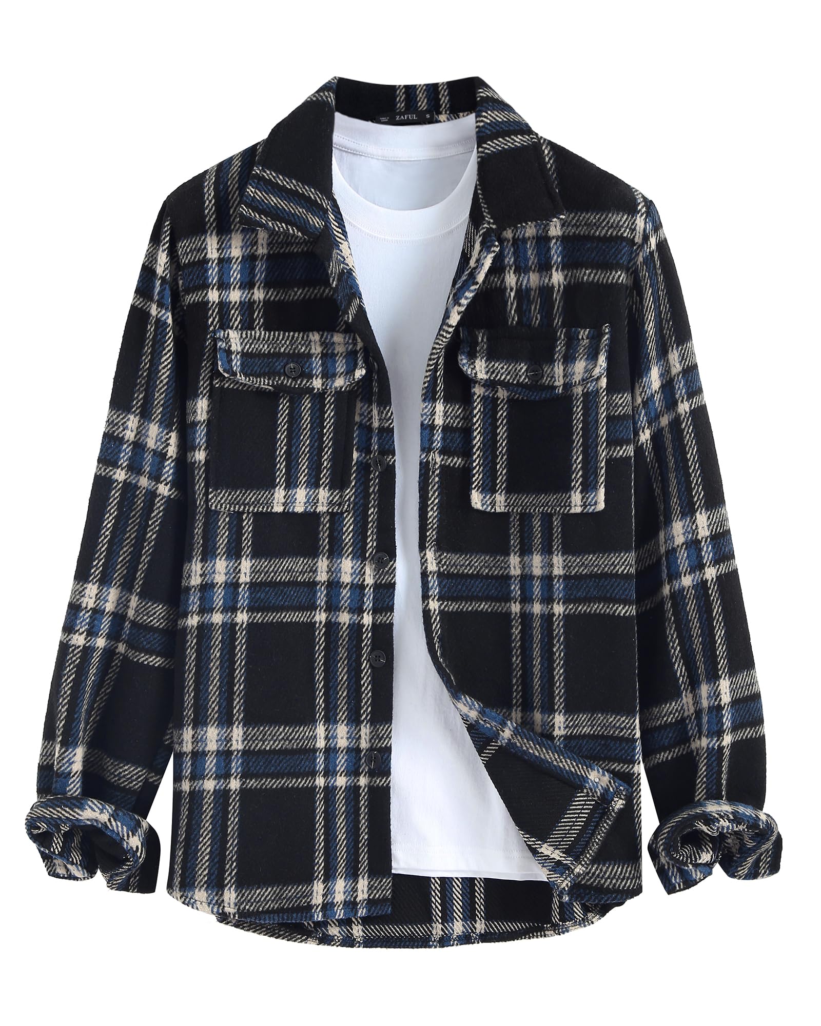 ZAFUL Unisex Plaid Flannel Shirt Jacket Button Down Long Sleeve Pocket Coat Outwear