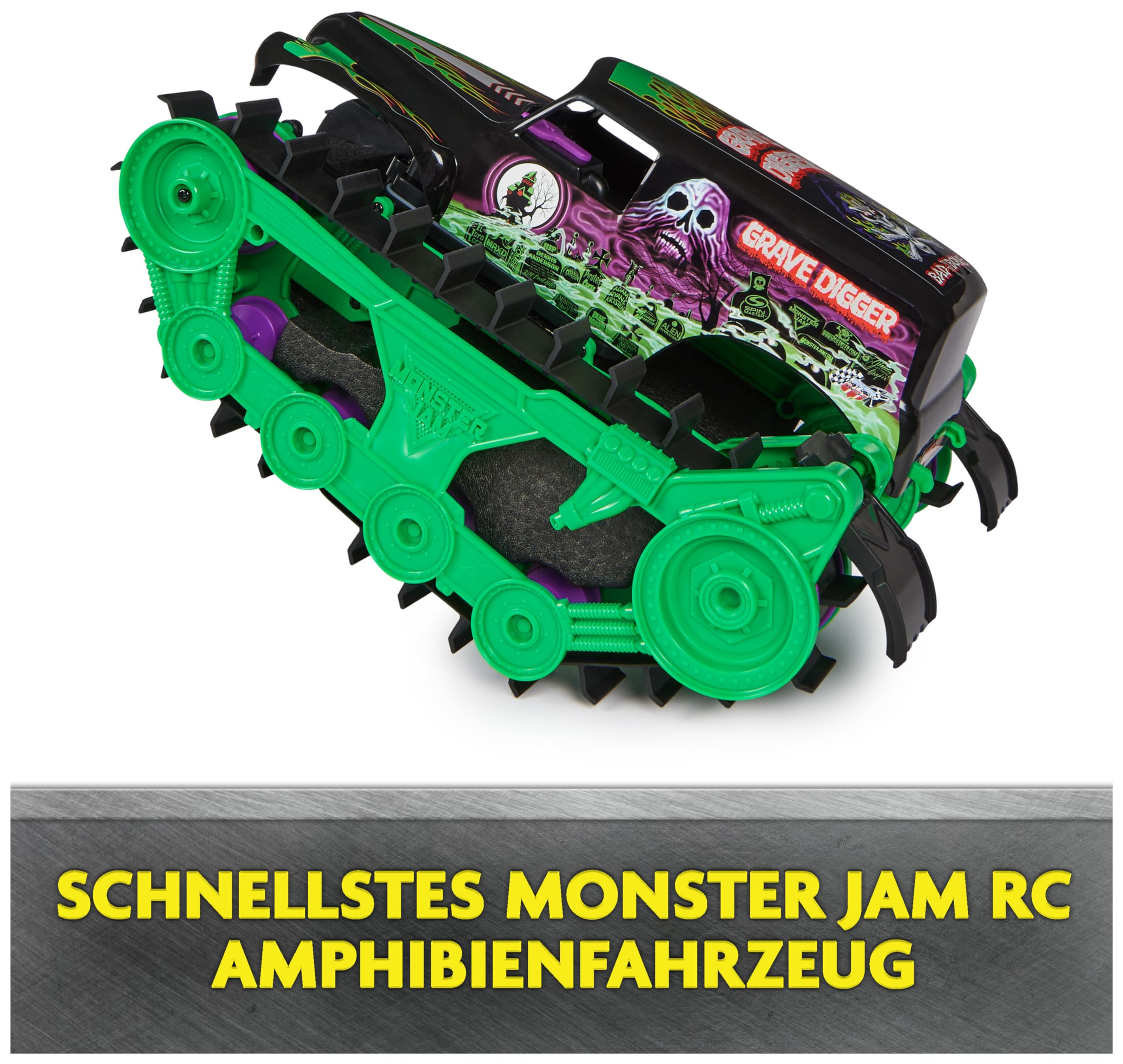 Monster Jam, Grave Digger Trax - RC Monster Truck Kettenfahrzeug Maßstab 1:15, All-Terrain-geländegängig an Land und im Wasser - für Jungen und Mädchen ab 4 Jahren
