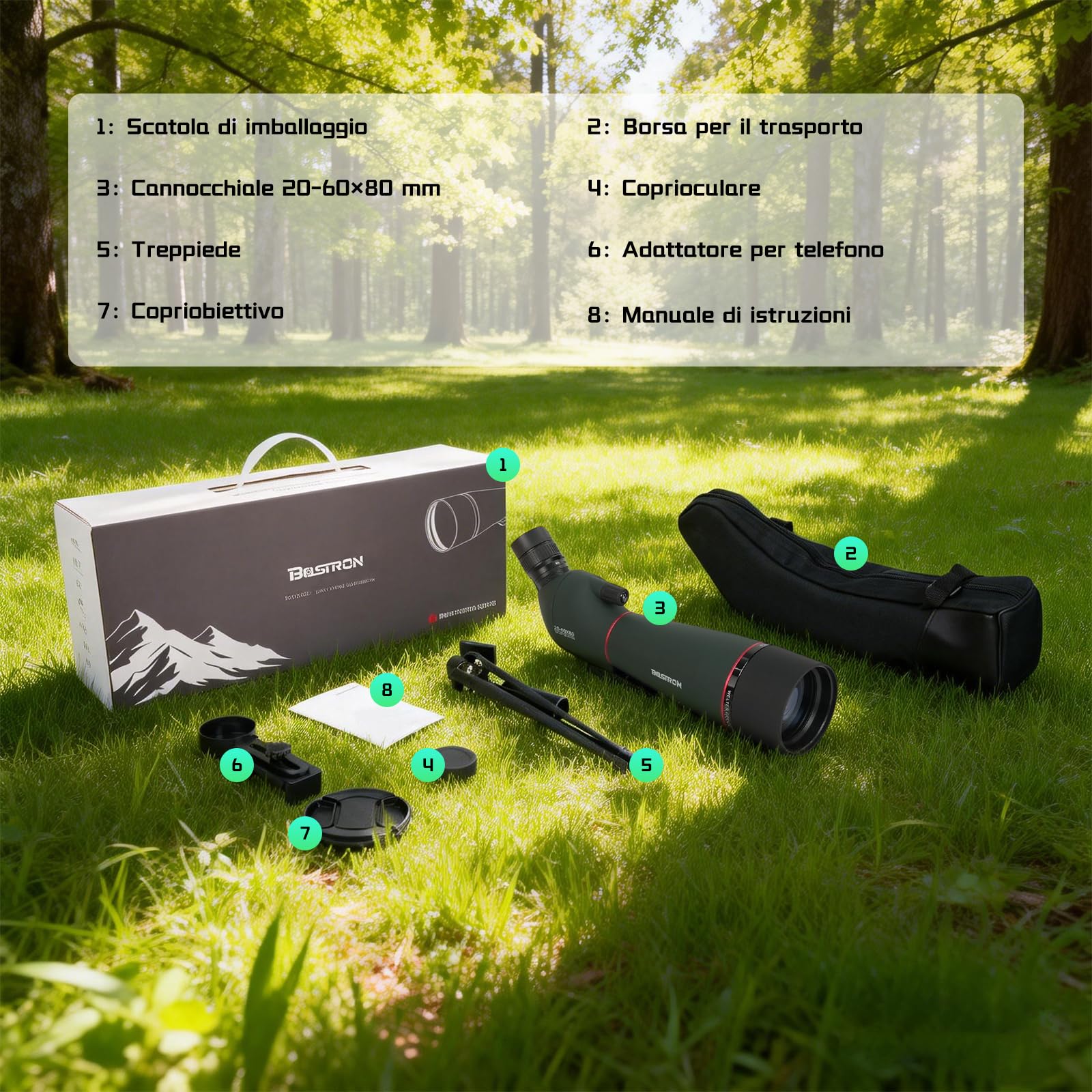 Cannocchiale 20-60x80, Telescopio Spotting Scope da Campo con Treppiede - Ottiche FMC e Prisma Porro HD, Cannocchiale con Adattatore Smartphone per Birdwatching, Tiro a Segno e Natura