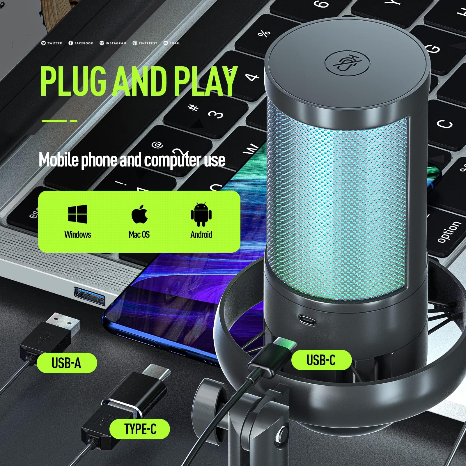 Kit microfono da gioco USB per registrazione streaming podcast microfono a condensatore con microfono braccio braccio supporto filtro pop funzione di guadagno muto microfono RGB microfono a PC