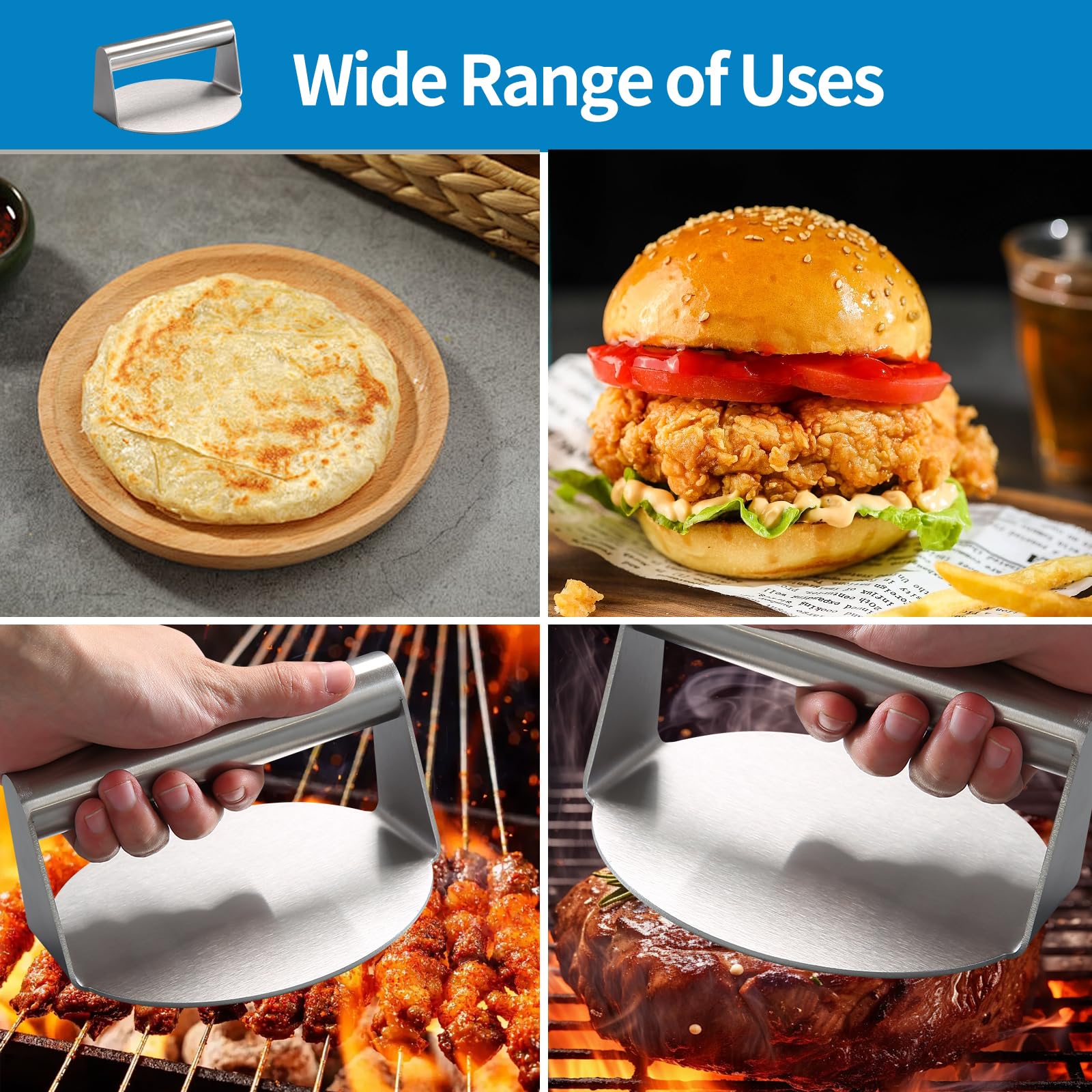 wenrescry Pressa per Smash Burger 5,5 Pollici, Pressa Rotonda in Acciaio Inossidabile Antiaderente, Strumento per Hamburger, Bistecche, Pancetta, Grigliate e Barbecue
