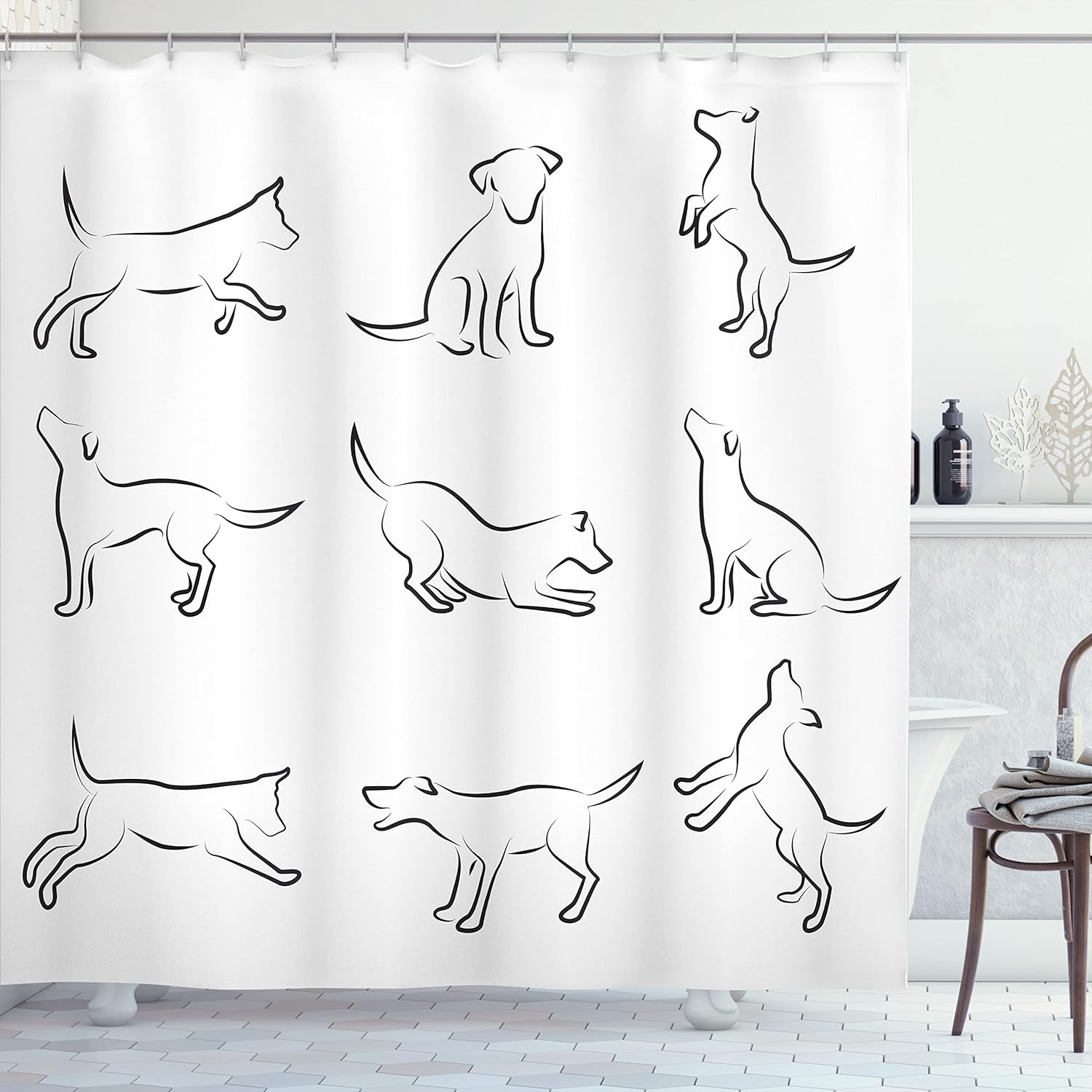 Ambesonne Dog Shower Curtain, Digital Sketches of a Puppy Moving Around Scratching Simple Life Style Work, Cloth Fabric Bathroom Decor Set with Hooks, 69" W x 84" L, White Black
