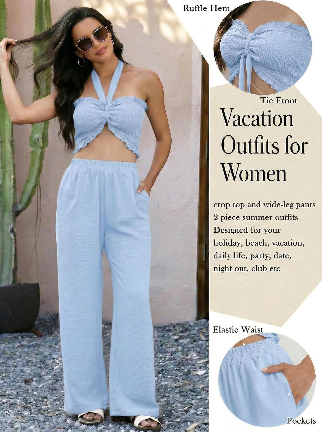 Ekaliy Womens Summer Outfits 2 Piece Sets Casual Vacation Tie Front Bandeau Crop Tube Top and Wide Leg Pants Set With Pockets