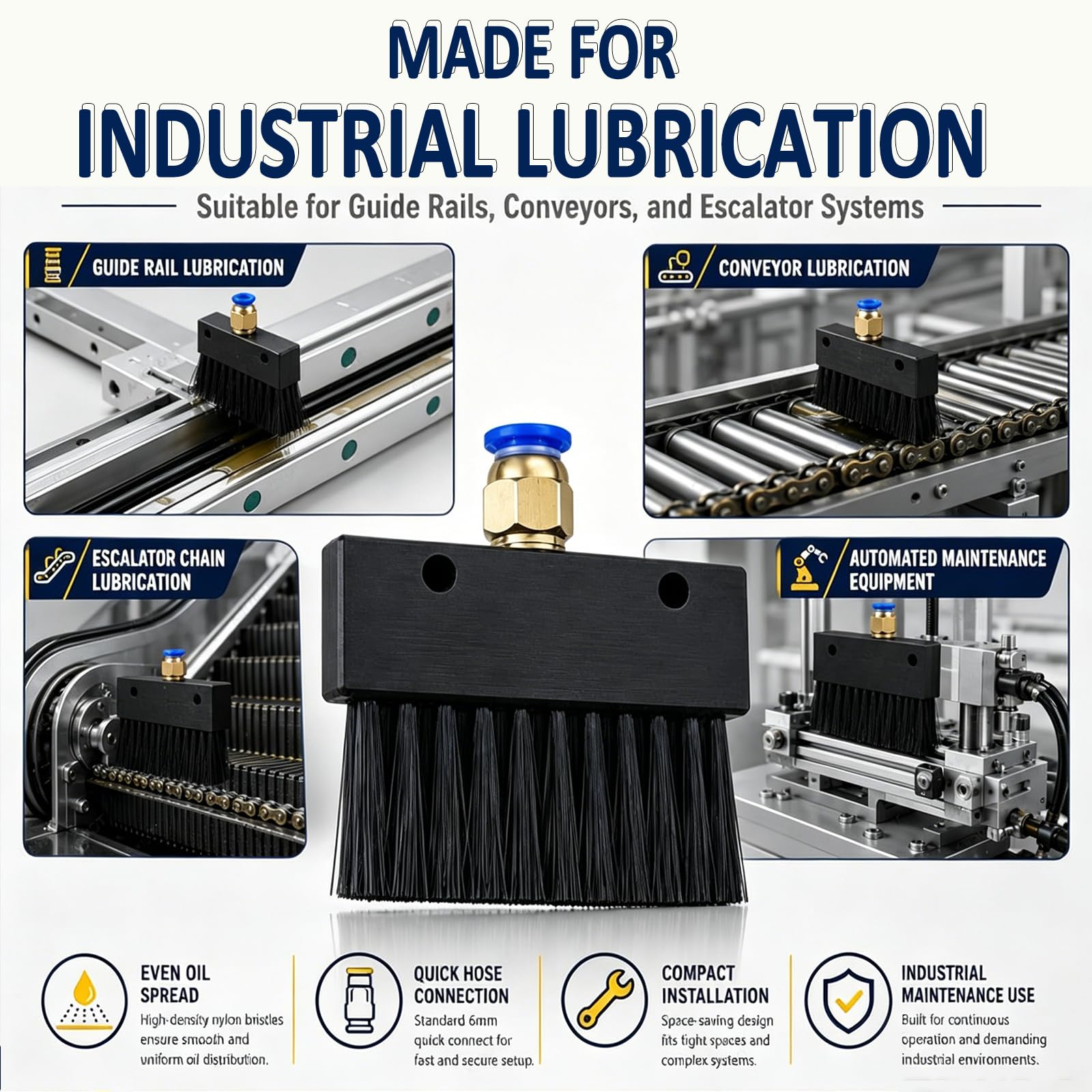 Juego de cepillos de lubricación de cadena industrial, 10 rieles guía aplicadores de aceite de nailon, 25-100 mm para mantenimiento de maquinaria